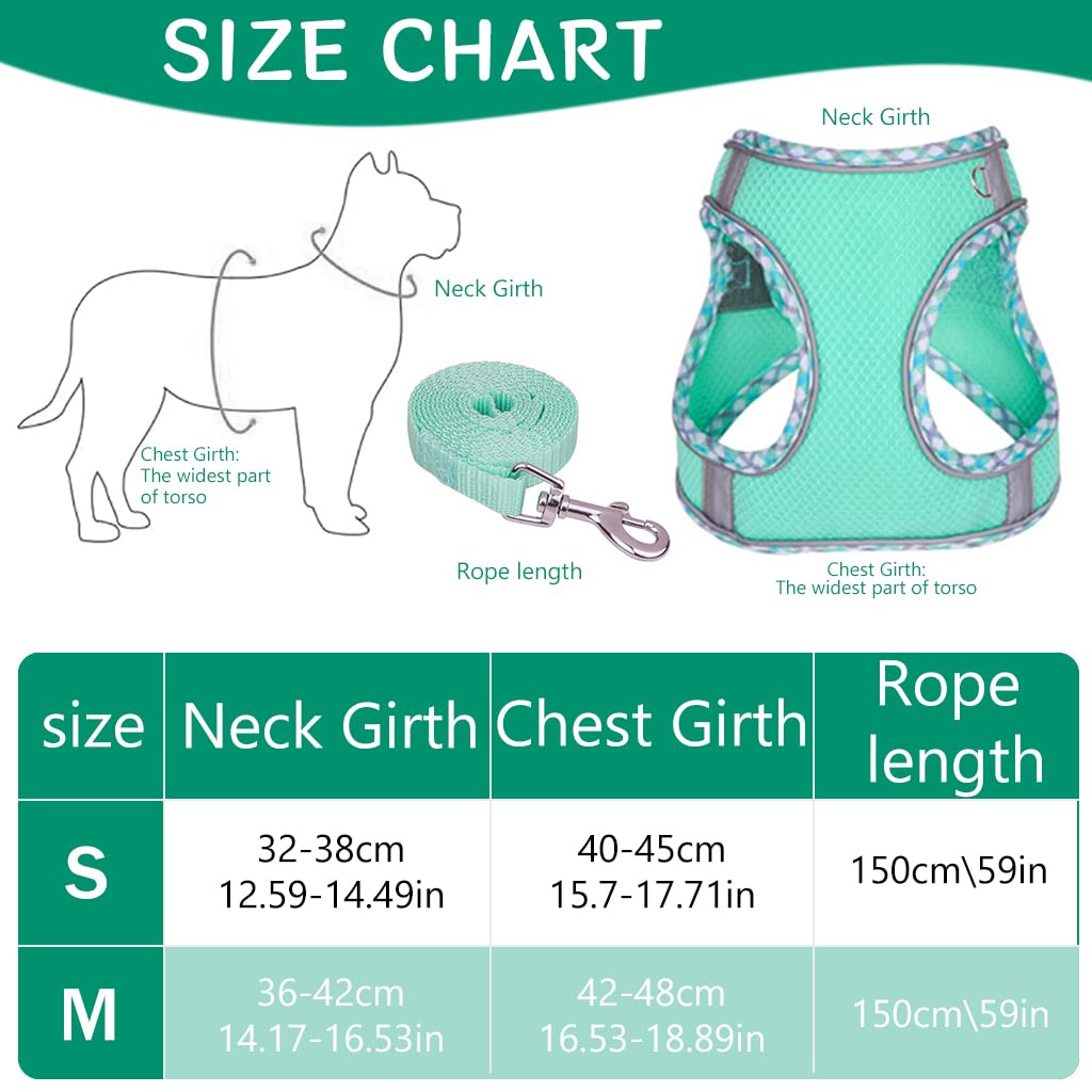 Qpets Small Dog Harness, 4.9Ft Dog Leash Breathable Mesh Pet Harness Small Dog Vest Harness with Safe Reflective Strips No Pull Small Dog Harness (Neck: 36-42CM)