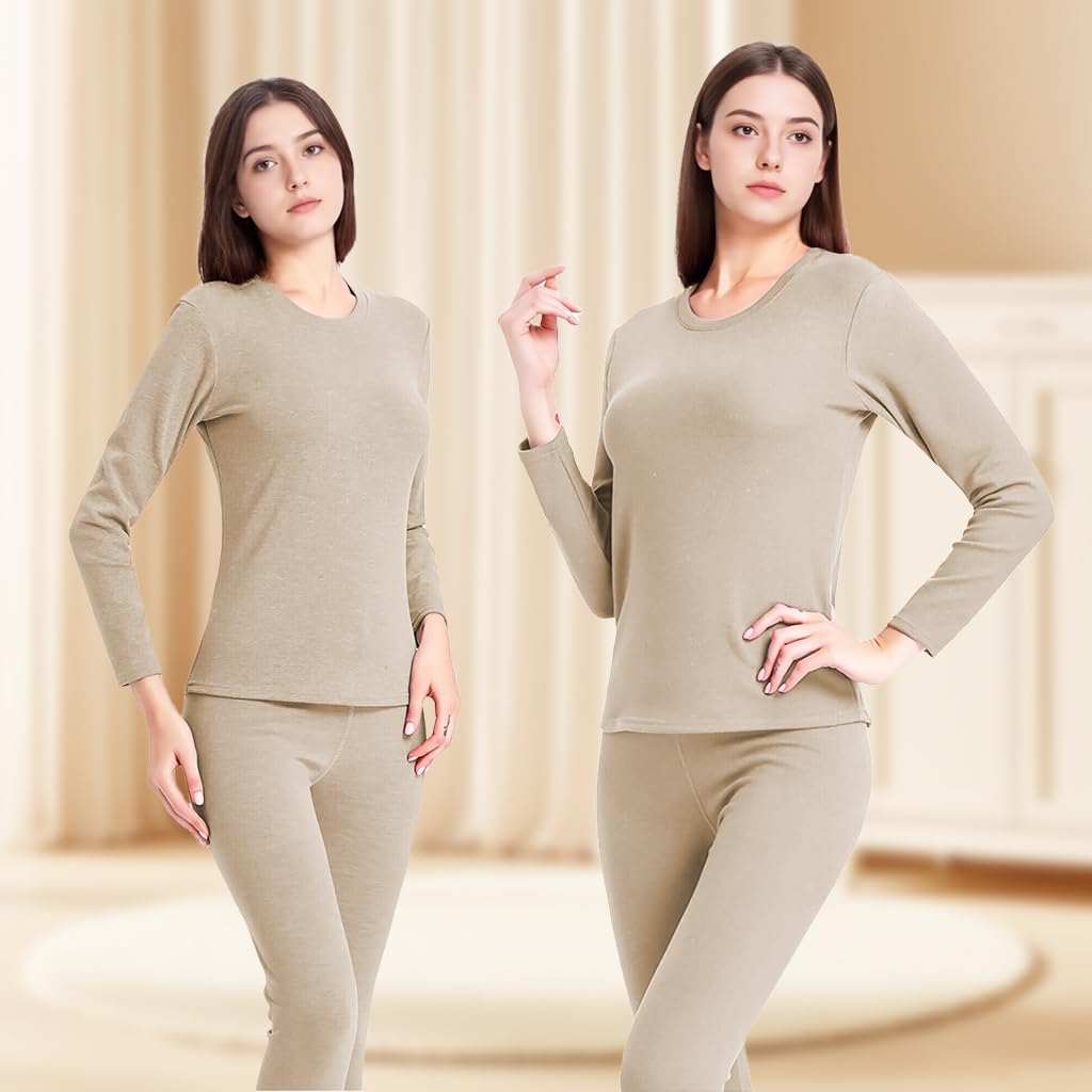 SANNIDHI Women's Thermal Underwear Set for Winter with Fleece Lined Top and Bottom | Beige XXL