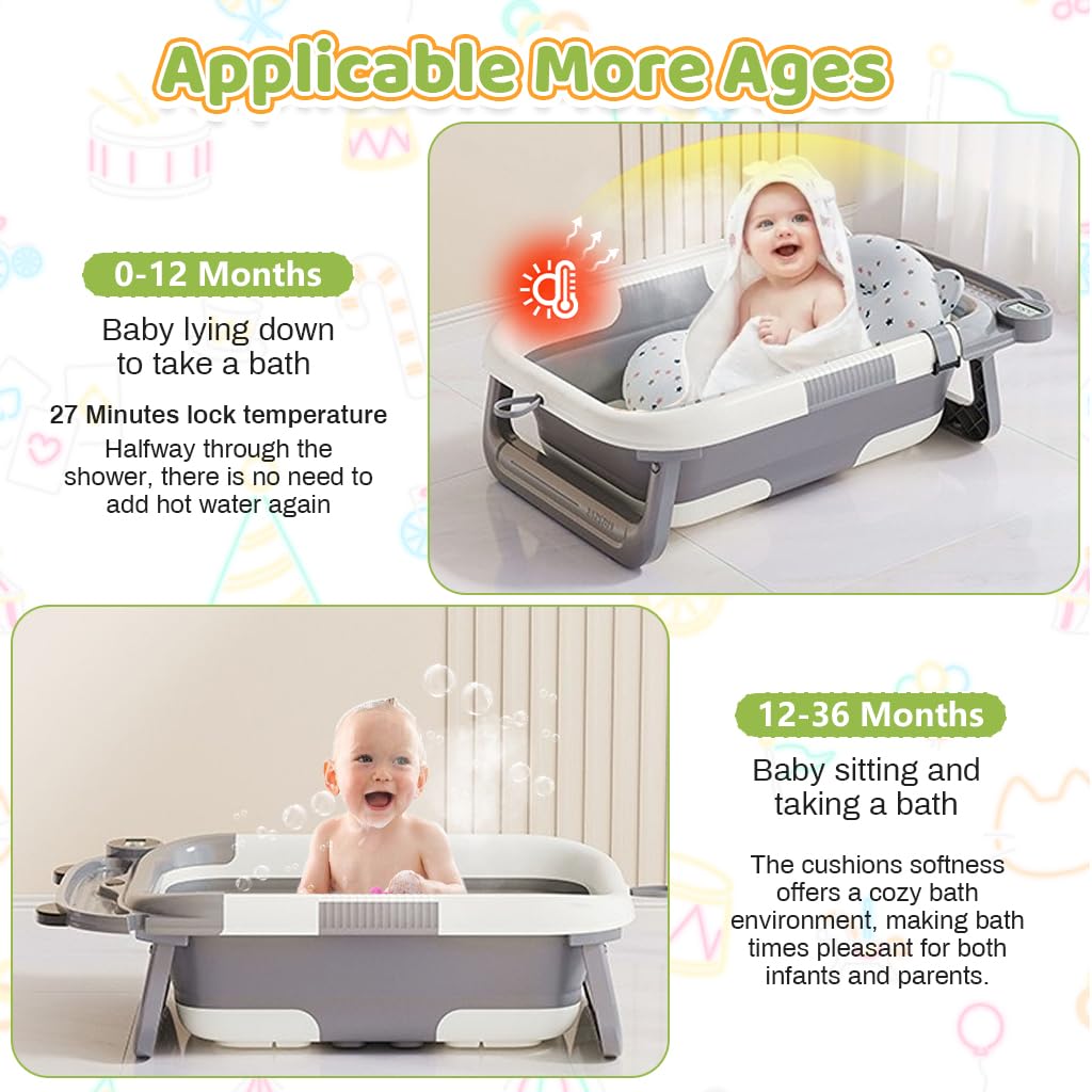 SNOWIE SOFT Baby Bath Tub for 0–2 Years with LCD Temperature Monitor and Anti-Slip Base | Foldable PP and TPR Design 69×43×20.7 cm