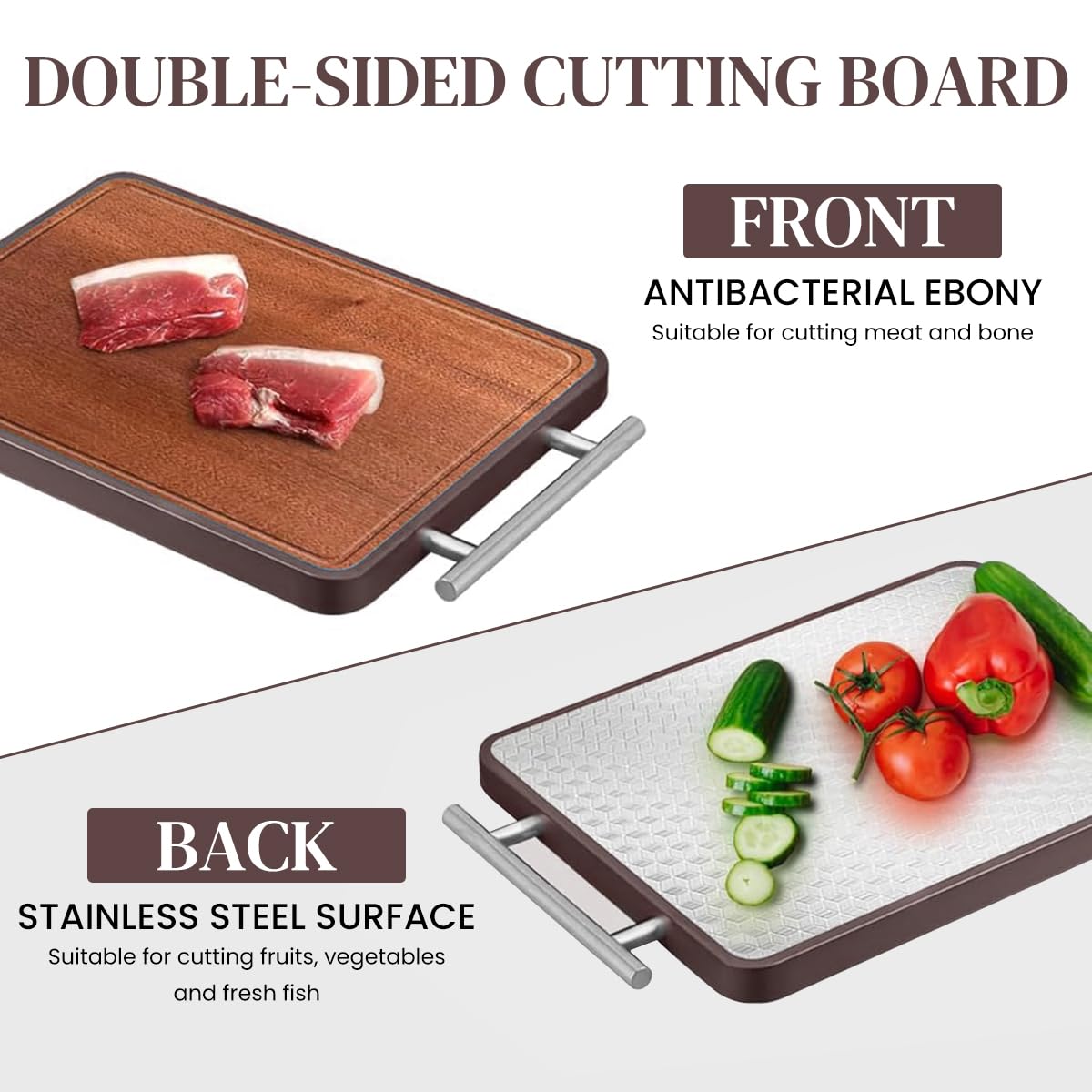 HASTHIP Cutting Board for Kitchen with Double Sided Steel and Ebony Wood 42.5x30.5x2cm