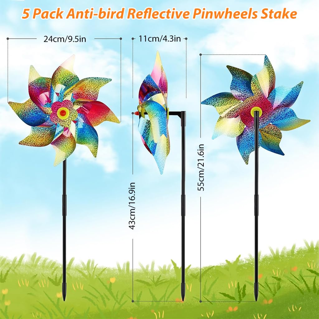 HASTHIP® 5Pcs Bird Repellent for Balcony, Colorful Reflective Pinwheels Pigeon Scarer, Ornamental 8-blade Windmill Anti Bird Device for Roof Edge, Fence, Garden Yard Lawn