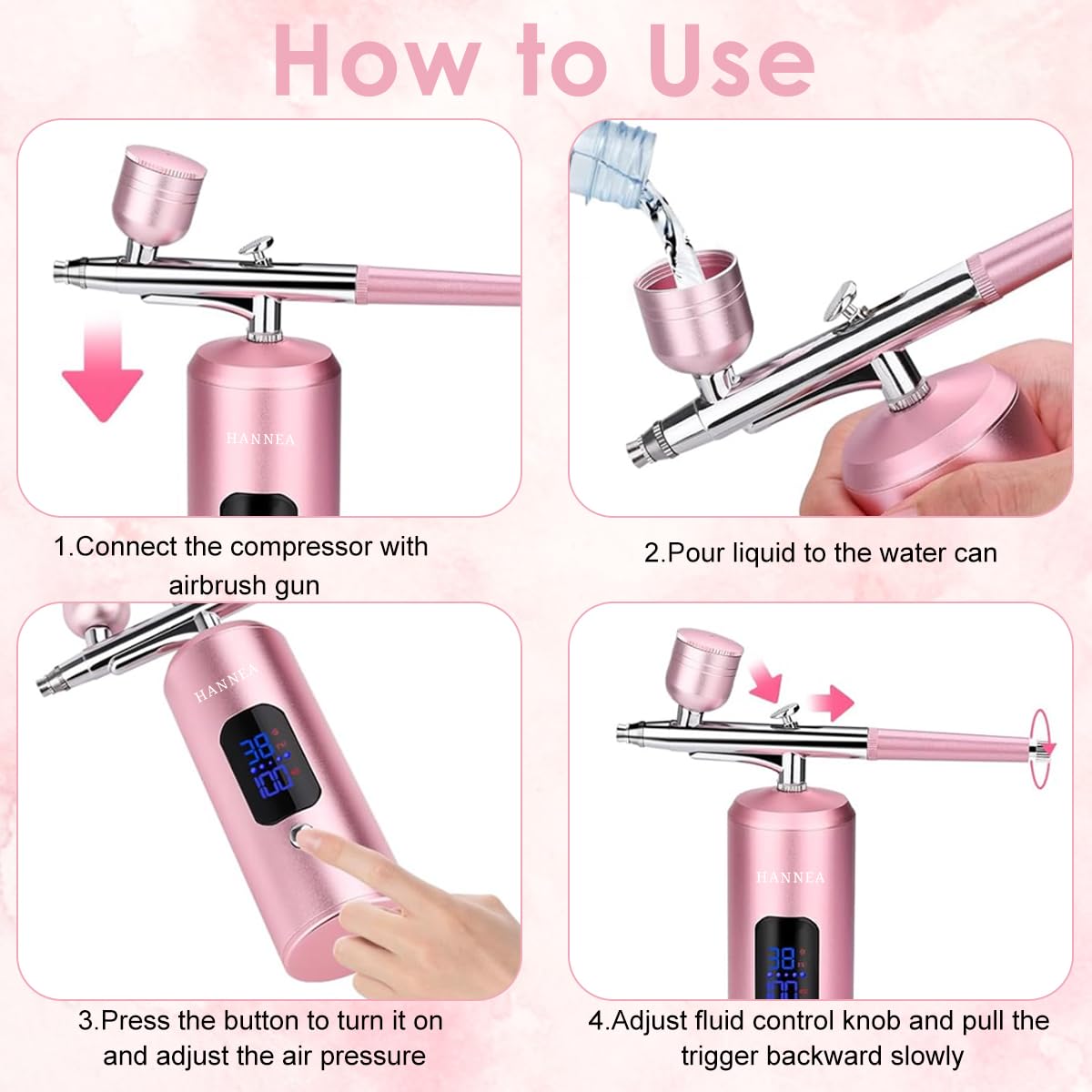 HANNEA Cordless Airbrush Kit for Painting and Makeup with 0.3mm Nozzle and LCD Display | Pink