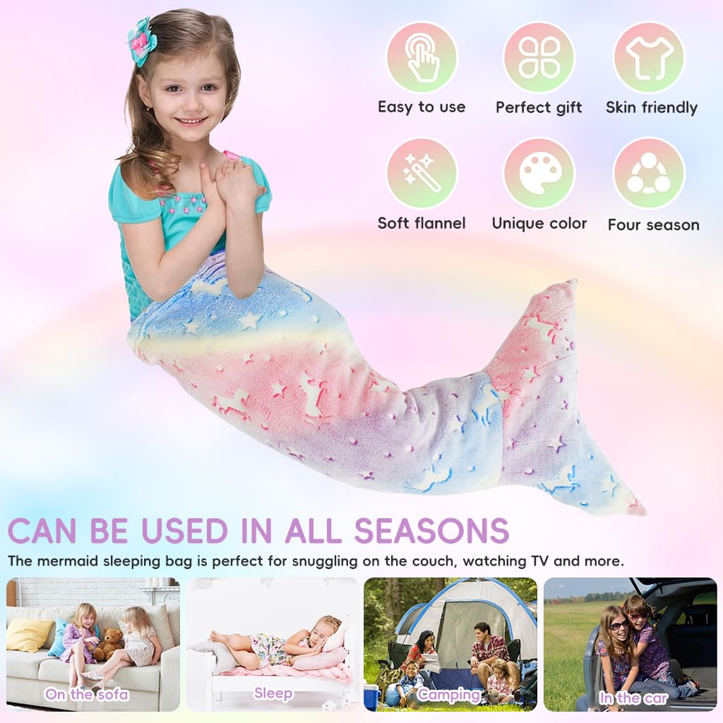 SNOWIE SOFT Mermaid Tail Comfort Blanket for Girls with Glow Design 100x50cm Flannel