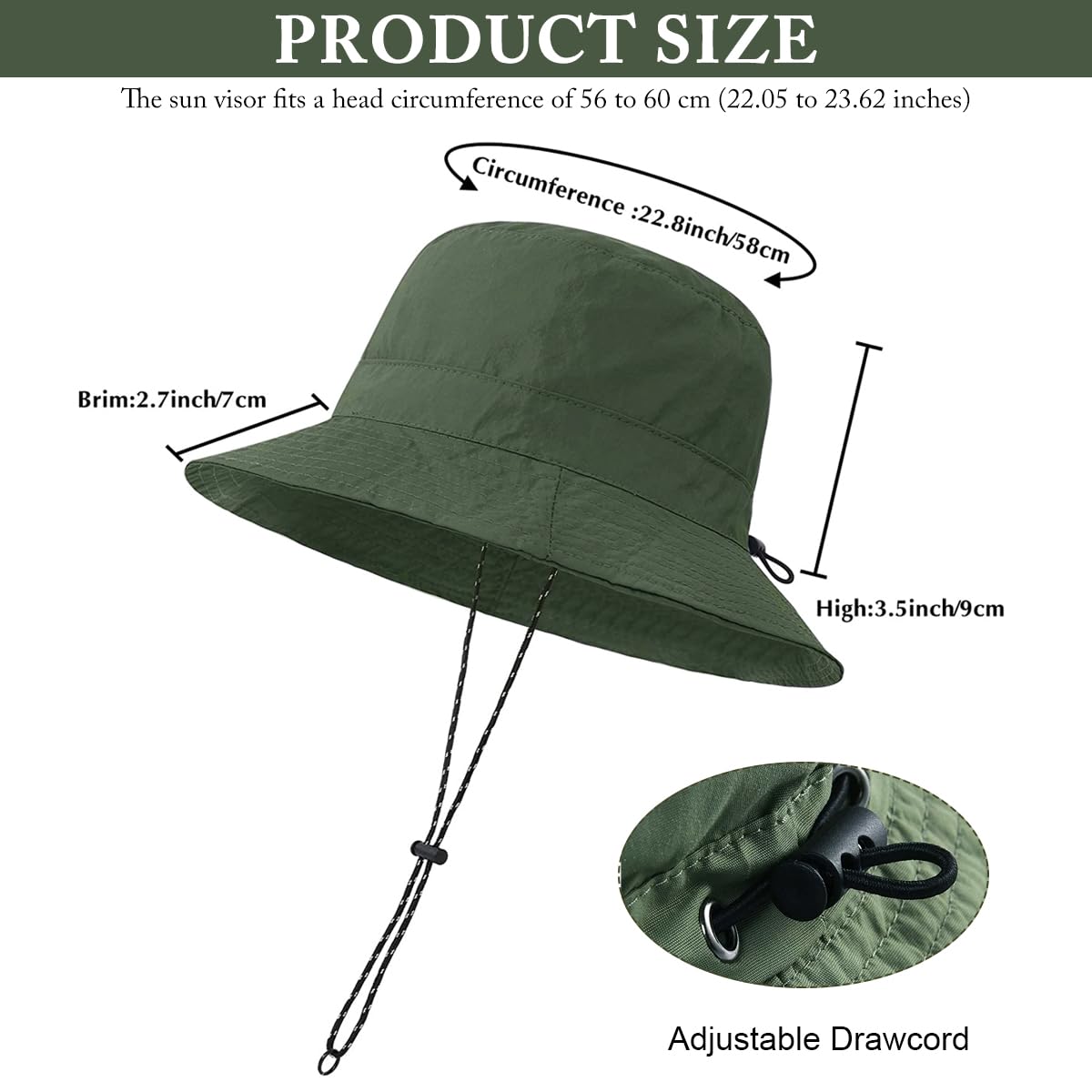 GUSTAVE Bucket Hat for Beach and Festivals featuring Adjustable Chin Cord 54–58cm | Lightweight Breathable Green Sun Hat