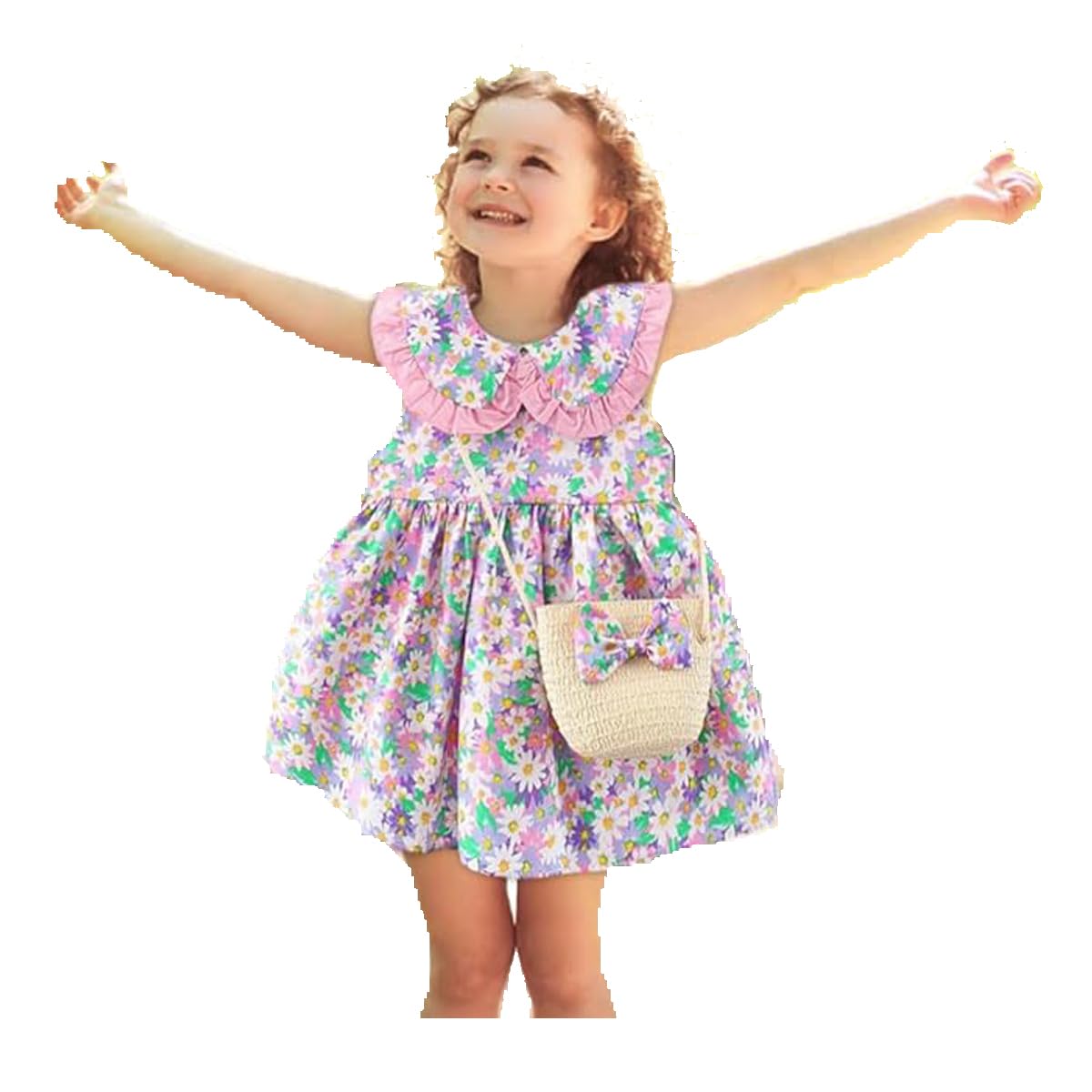 SNOWIE SOFT® Baby Girls Dress Straw Sling Bag Set Pink Daisy Flower Print Summer Dress for Girls Baby Girls Dress for 24-36 Months Birthday Gift for Baby Girls