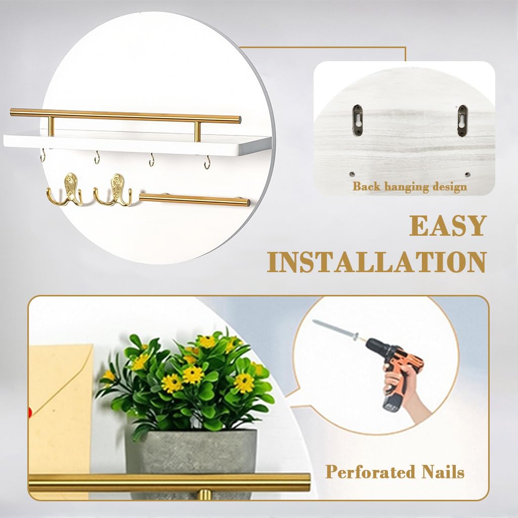 HASTHIP Wall Shelf for Entryway with Key Hook Rack and Sturdy Cross Bar Support | Modern Wooden Round Geometric Design