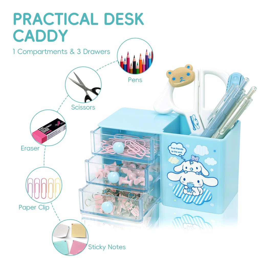 OFIFO Kawaii Cinnamoroll Desk Organizer Pen Holder with 3 Multi-Drawer Storage for Office Stationeries, Scrapbooking Supplies, Clips, Pens, Tapes, Accessories (Blue)