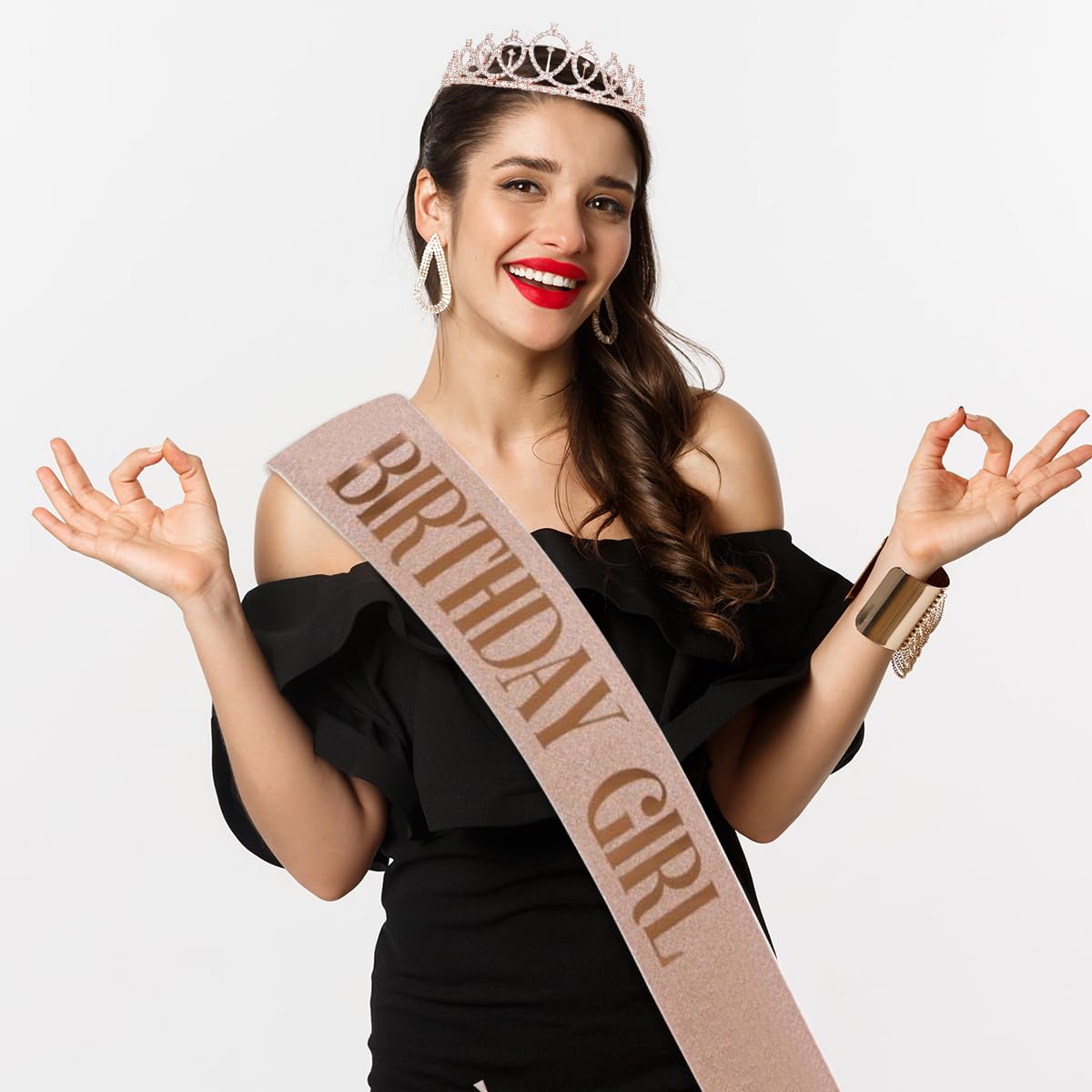 Venzina Crown Tiara for Girls with Glitter Sash and Crystal Rhinestones in Rose Gold | Birthday Party Set