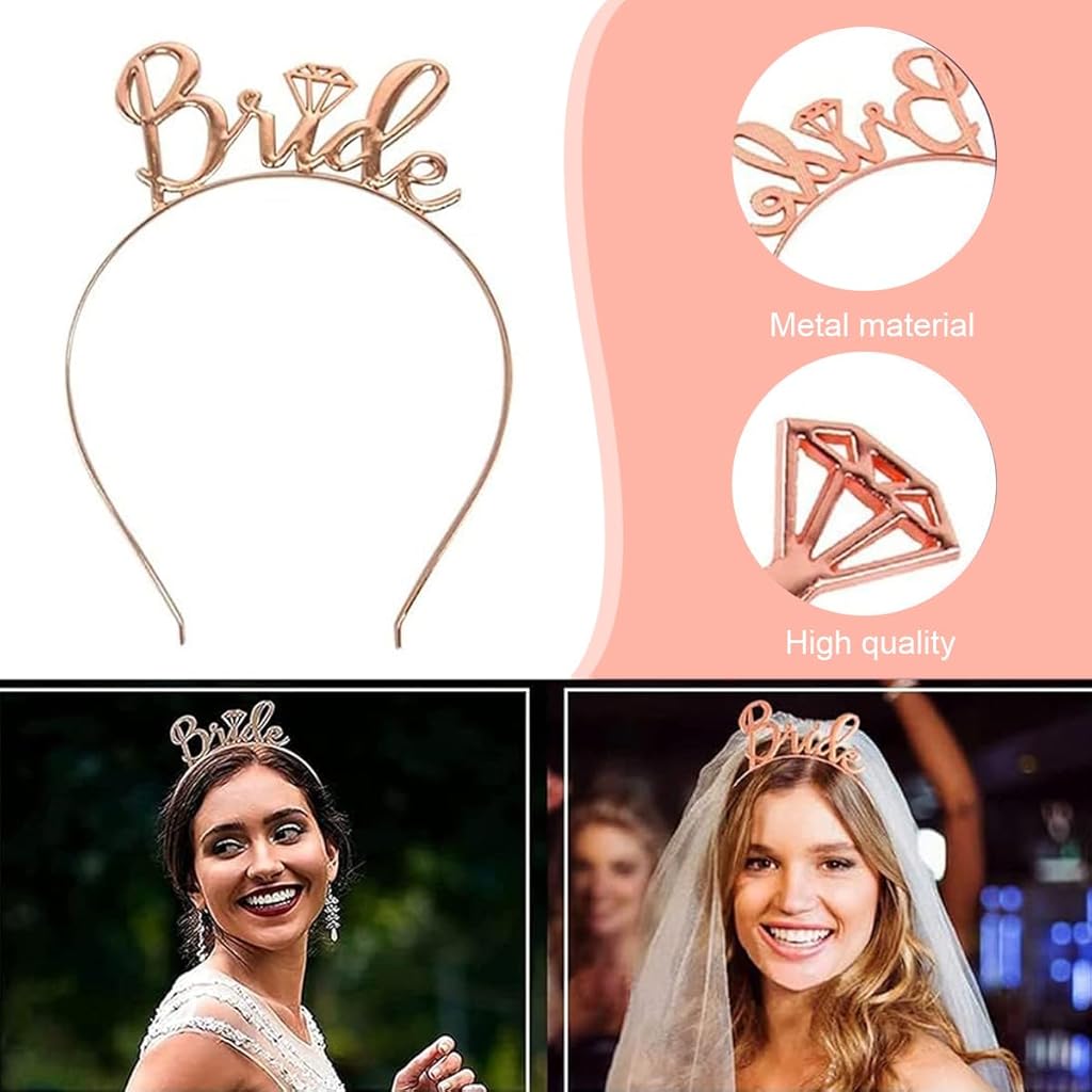 PATPAT® 12PCS Bride To Be Decoration Set Rose Gold Bachelorette Party Hen Combo Bridal Shower Kit Accessories Sash Veil Headband Stickers