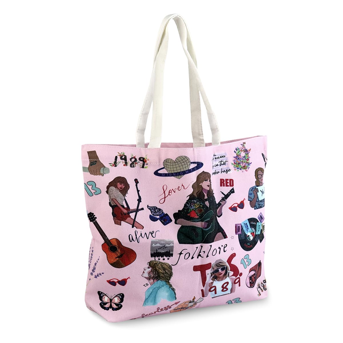 Zibuyu Girls Canvas Tote Bag for College Use with Secure Zipper Pocket 45x35x10 cm | Pink Cartoon Print