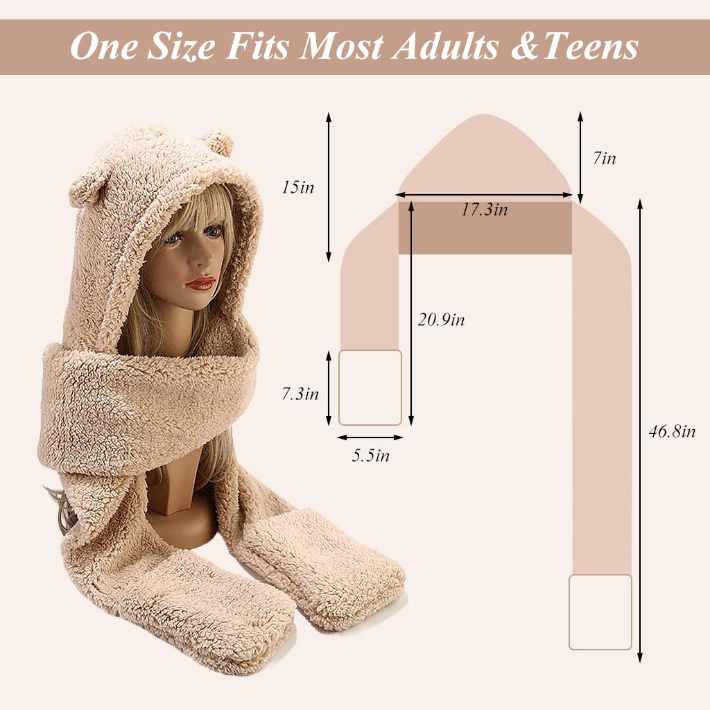 SANNIDHI Bear Ear Winter Cap for Women with Fleece Hood and Pocket Scarf | Cute 3 in 1 Hat