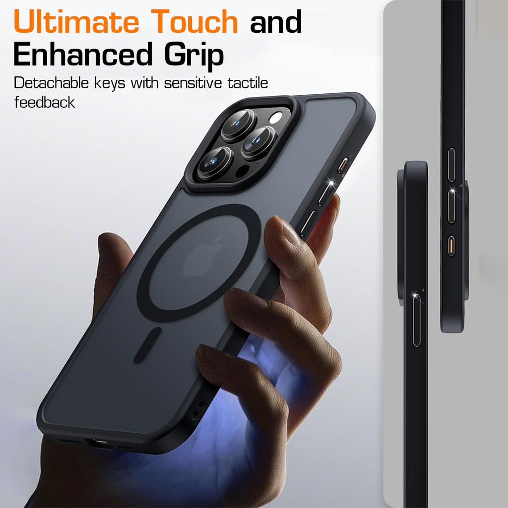 ZORBES Phone Case for iPhone 15 Pro Max 6.7 inch with MagSafe Magnet and Metal Button Cover | Black Rubber Frame Full Protection