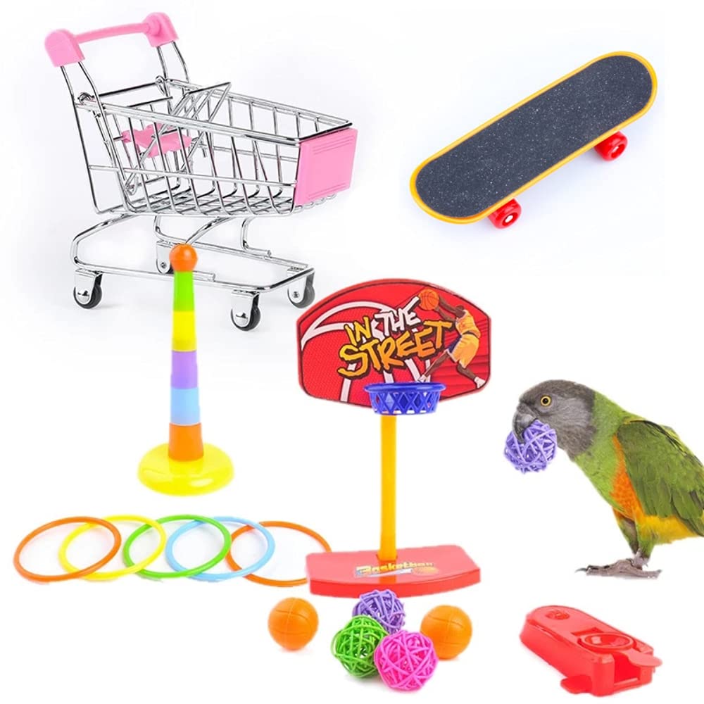 Qpets® 7PCS Bird Toys Set Bird Training Toys and Accessories Including Shopping Cart Basketball Stacking Skateboard Training Toy (Random Color)