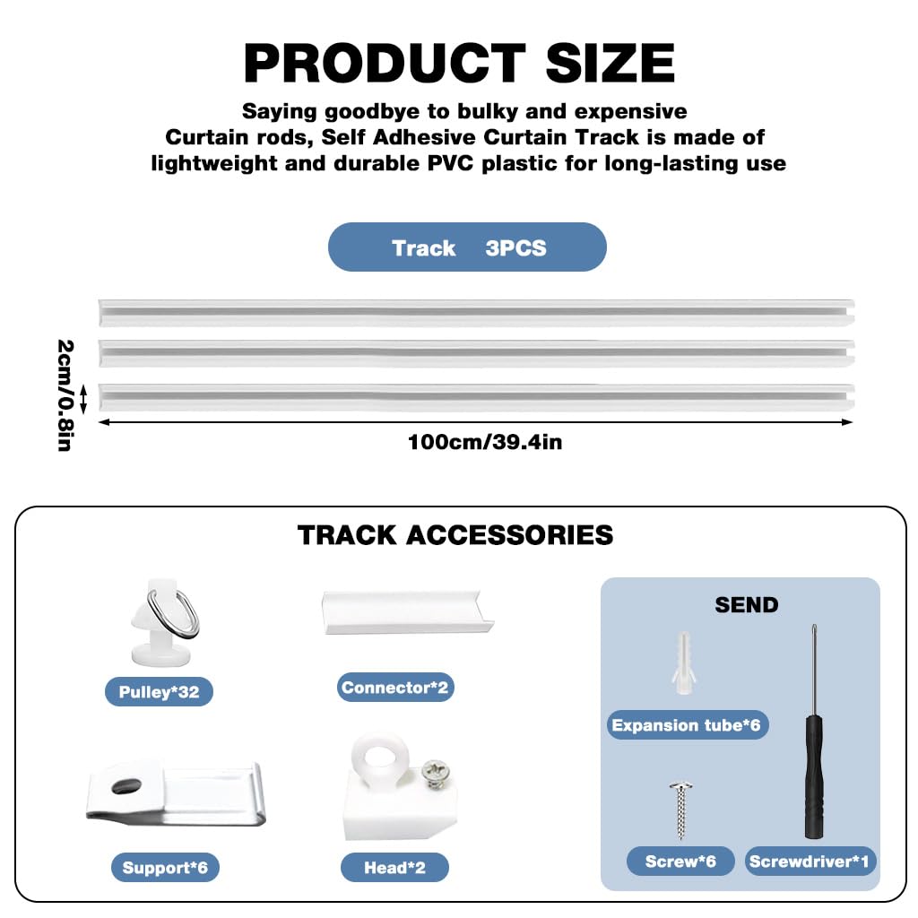 HASTHIP Curtain Track Rail for Ceiling with Rollers and Hooks 118 in | White DIY Kit