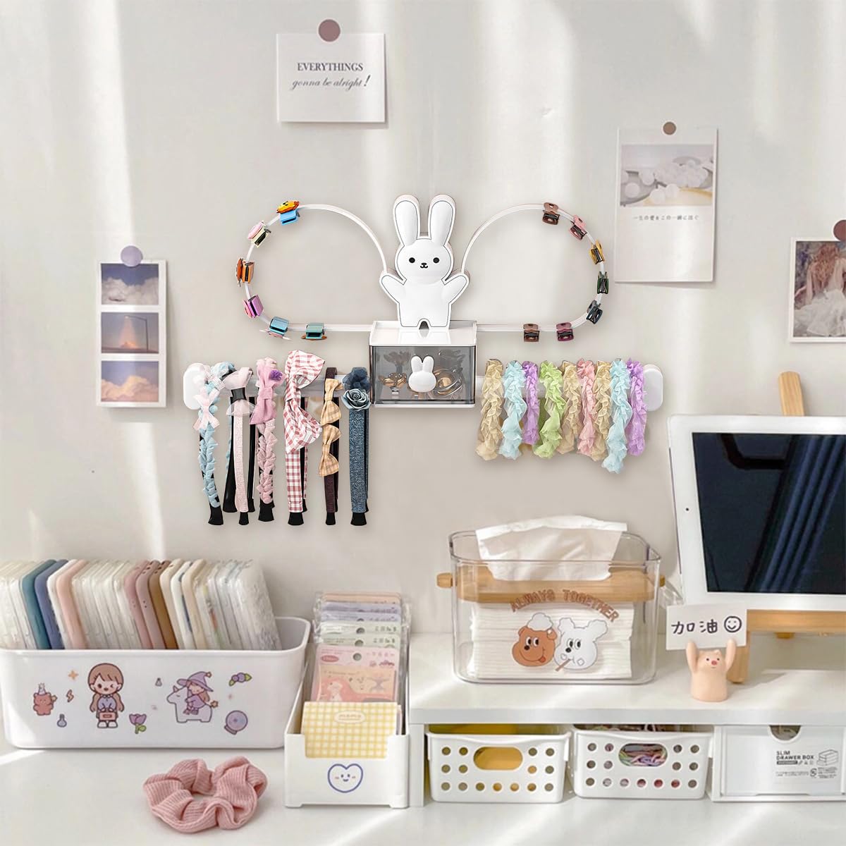HASTHIP Headband Holder Organizer for Girls with Double Layer Design and Drawer | Cute Bunny Décor
