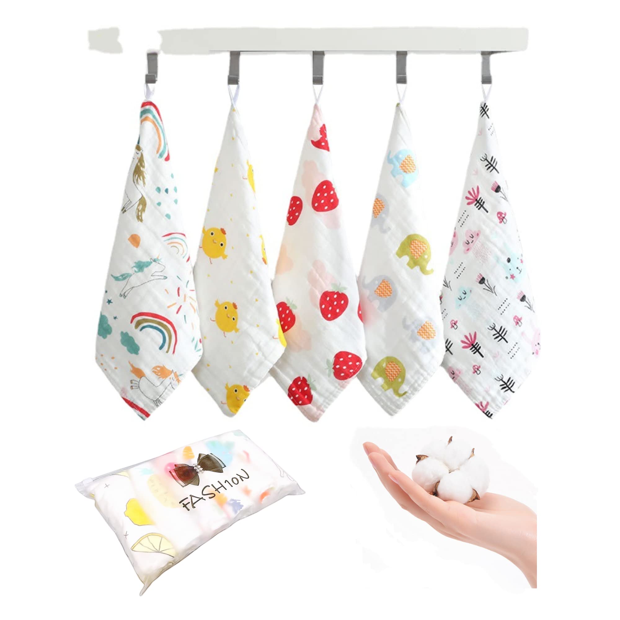 SNOWIE SOFT® 5Pcs Baby Towel for New Born Muslin Cloth for Baby, Pure Cotton Square Baby Towels High-Density Multi-Layer, Baby Towels for 0 to 2 Years with Hanging Loop, Newborn Baby Essentials, 12