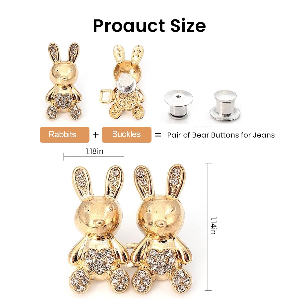 Venzina Adjustable Waist Buckle for Jeans and Pants featuring Detachable Alloy Pins | 4 Sets Cute Rabbit Rhinestone Design