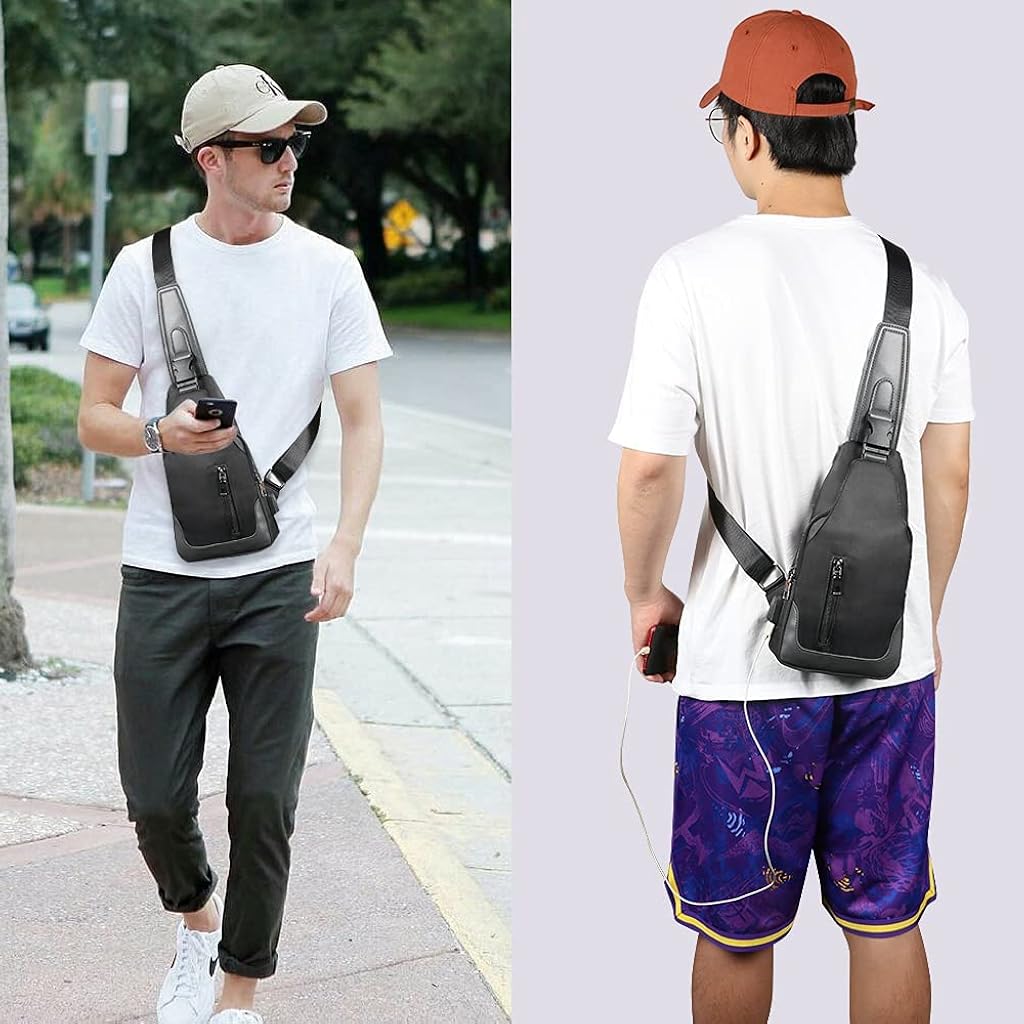 GUSTAVE® Crossbody Bagpack Sling Bag for Men Women Shoulder with Cable Vent Adjustable Strap for Commuting Travel Outdoor Activities Cycling Black 2PCS