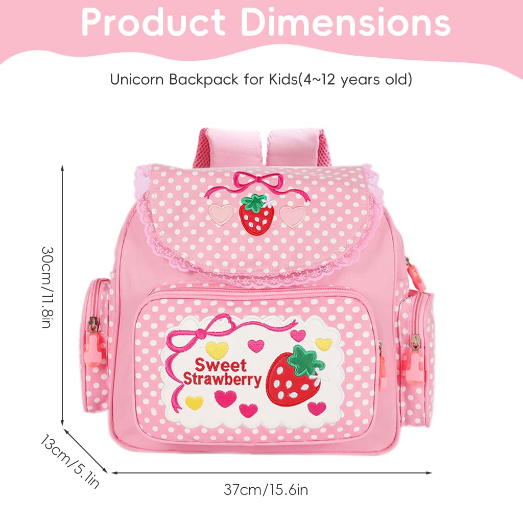 Zibuyu School Bag for Girls with 30x13x37cm Multi Pocket Canvas Design | Pink Strawberry Embroidery Backpack