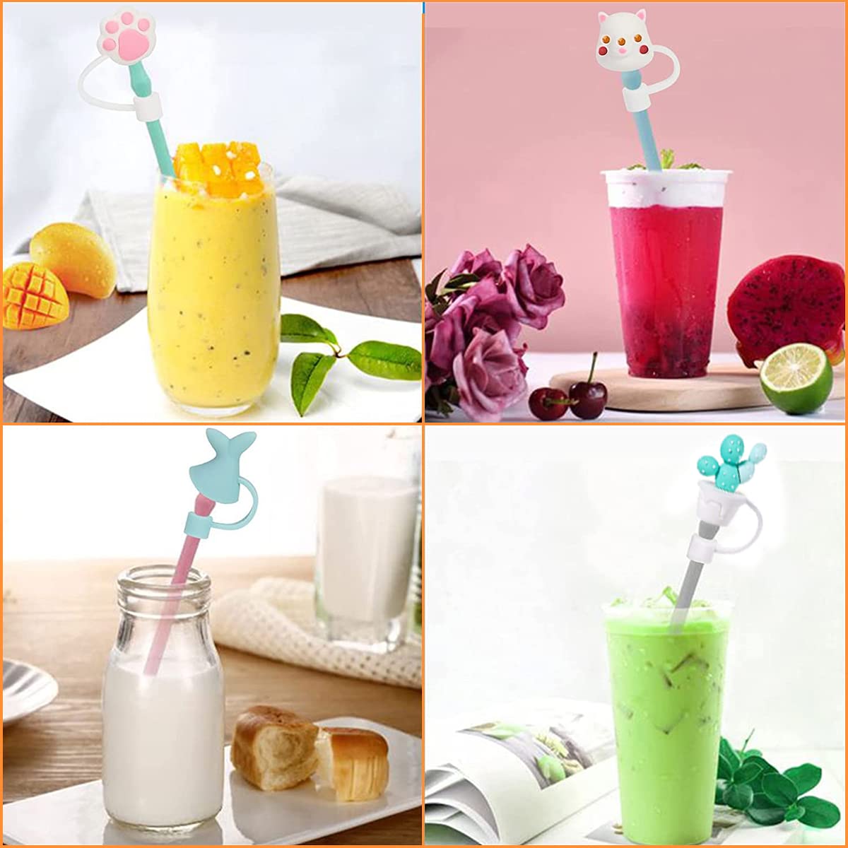 HASTHIP Silicone Straw Tips Cap for 6–8 mm Reusable Straws with Anti-Lost Loop | 6pcs Dustproof Cartoon Lids for Kids