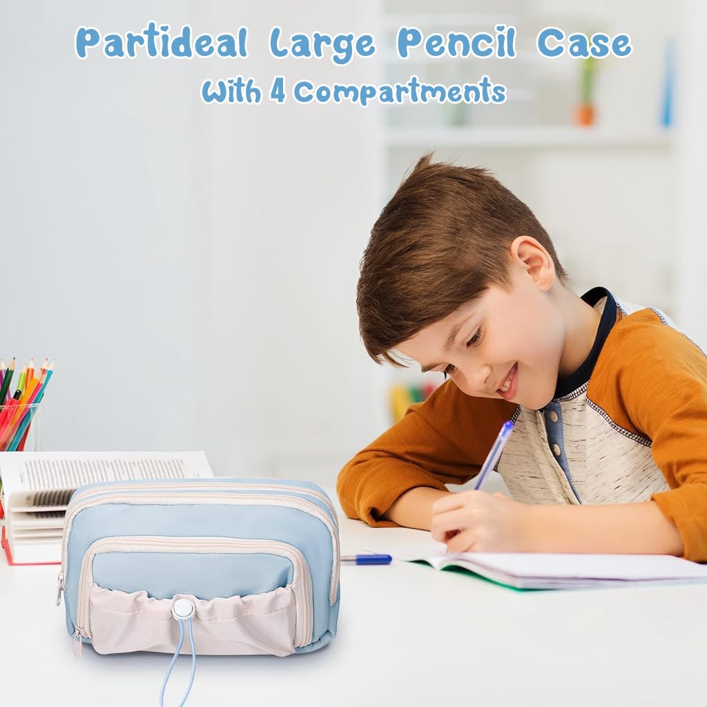 Zibuyu Pencil Case with 4 Compartments for School and Office | Cute Blue Style for Girls