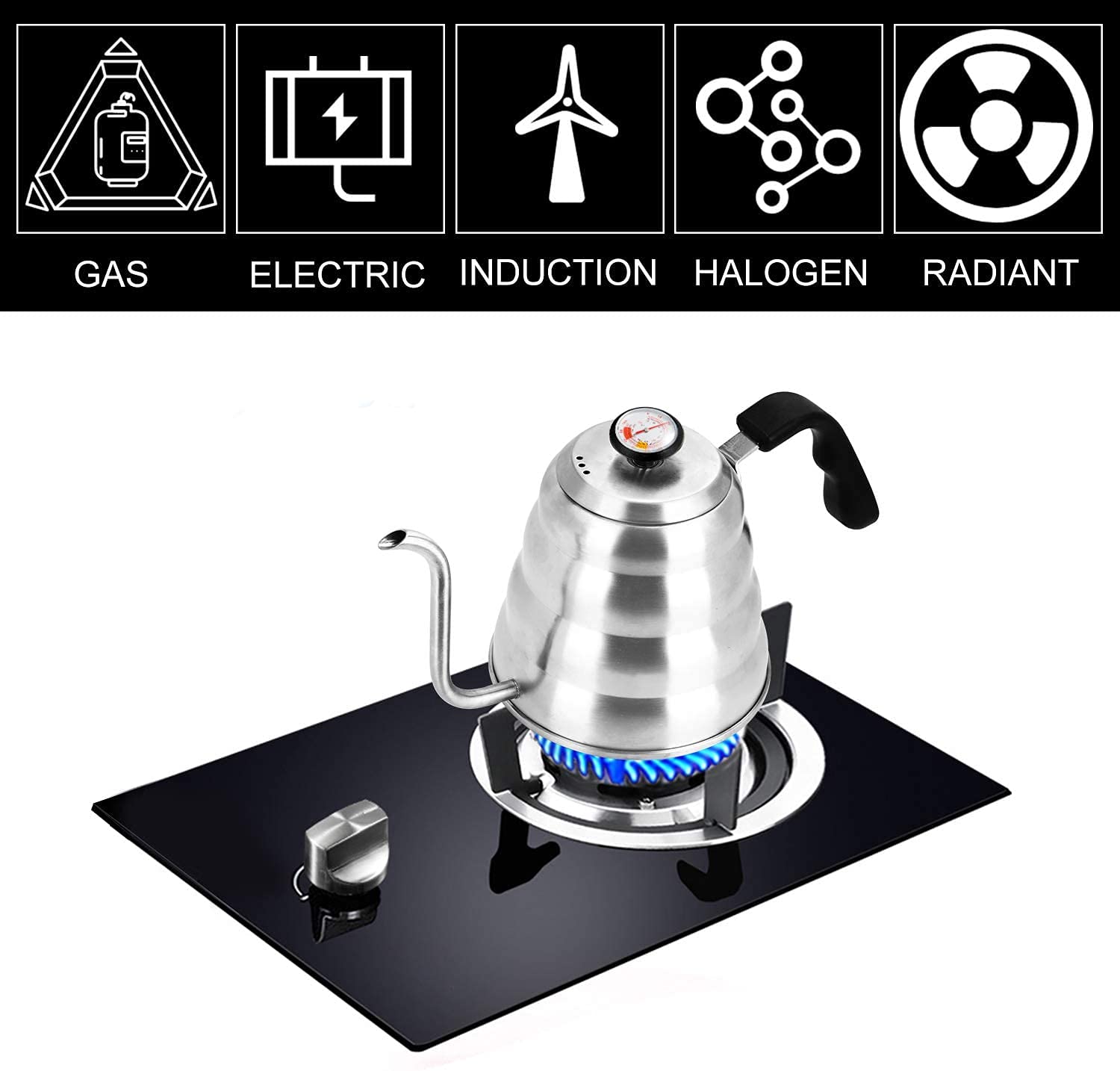 Supvox Pour Over Gooseneck Kettle for Coffee and Tea with Thermometer | 3 Layer Stainless Steel Pot