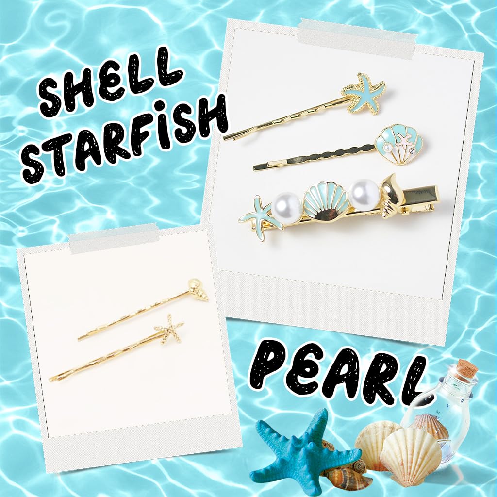 Venzina Hair Clips for Girls and Women featuring Pearl Starfish Seashell Pins in Gold | 5Pcs Set