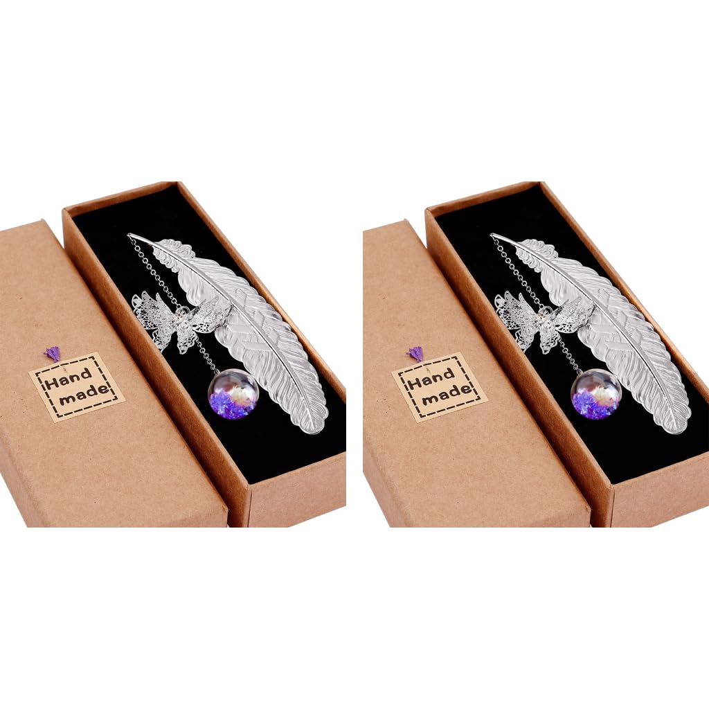 HASTHIP Metal Feather Bookmark for Reading and Gifting with 3D Butterfly & Glass Bead | 2 PCS Copper Set