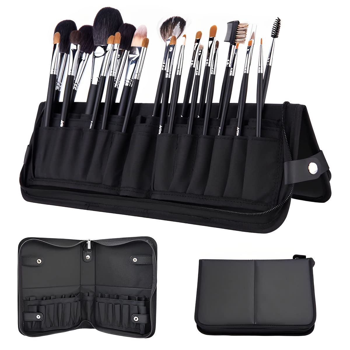 MAYCREATE® Makeup Brush Holder Bag Travel Portable Makeup Brush Organizer Case Foldable Zipper Cosmetic Brush Storage Pouch Stand with 29 Elastic Pockets (Black)