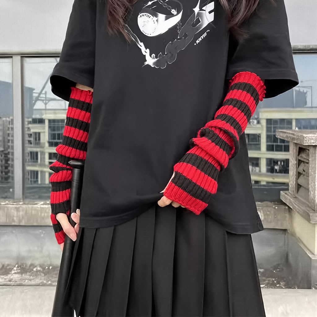 SANNIDHI Arm Warmers for Women with Thumb Hole featuring Red Black Striped Knit | Y2K Style and Warmth
