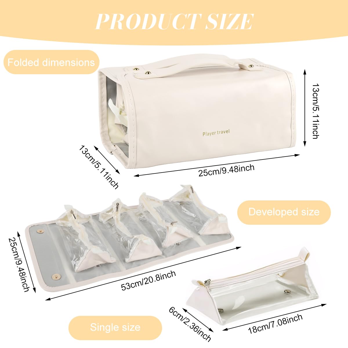 MAYCREATE Travel Makeup Bag with 4 Clear PVC Zipper Pouches and Snap Button Design | Foldable PU Organizer for Toiletries and Accessories