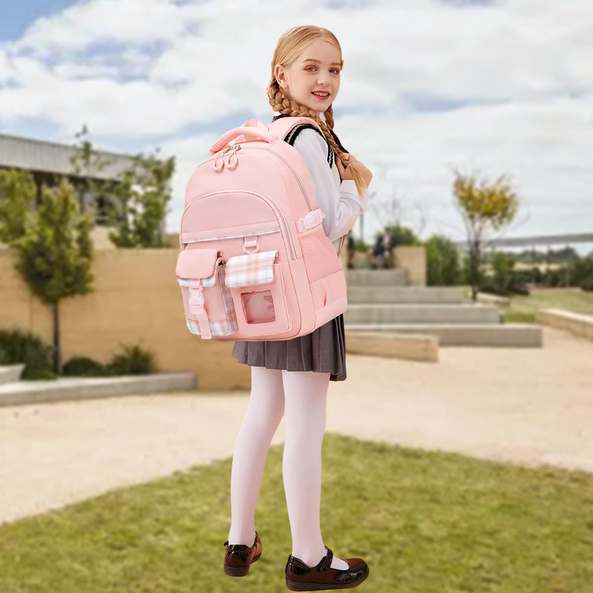 PALAY School Backpack for Girls 41×29×17cm with 3D Ergonomic Back and Pink Oxford Design