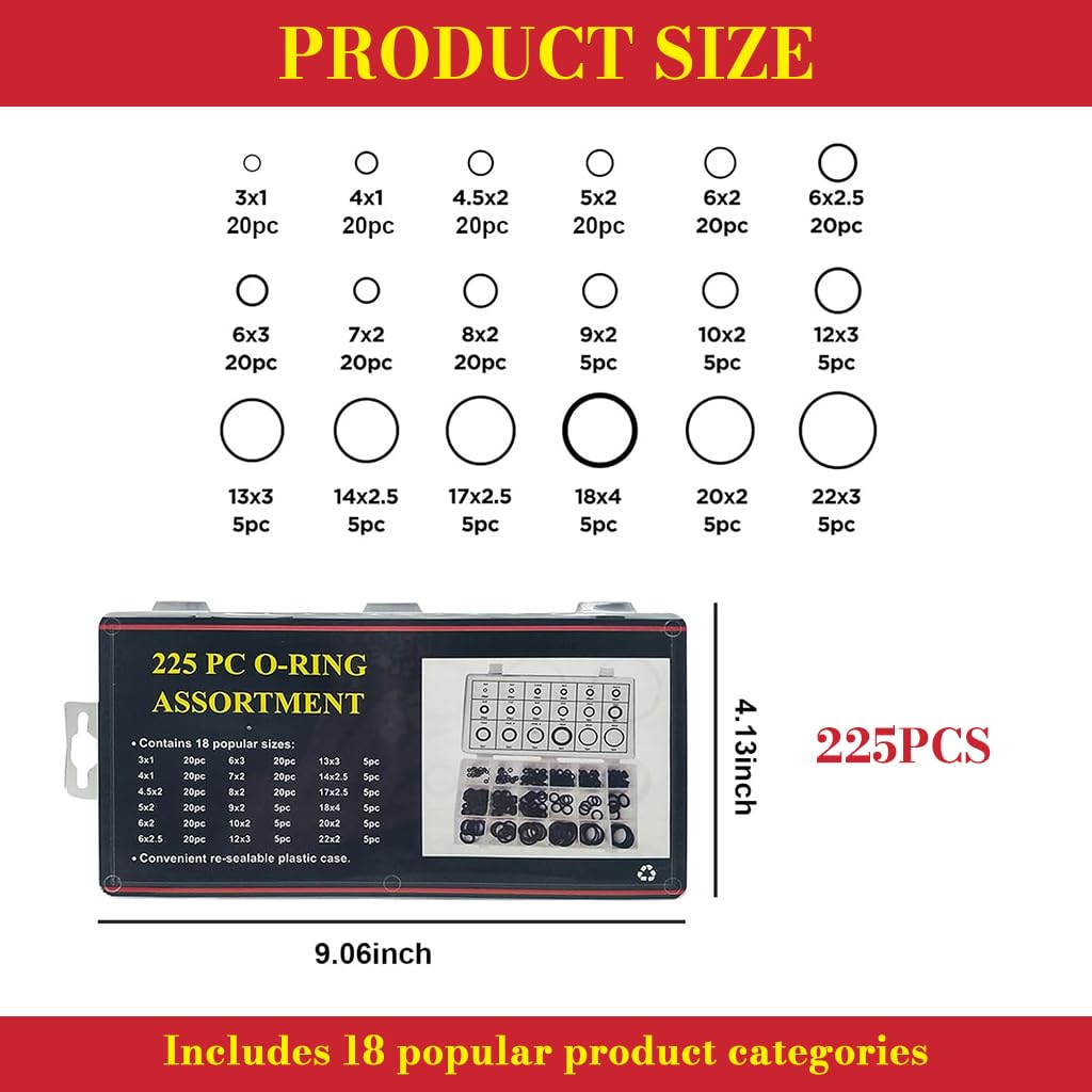 Serplex O Ring Assortment Kit 225 pcs for Car and Plumbing Repairs | Rubber Gasket Set