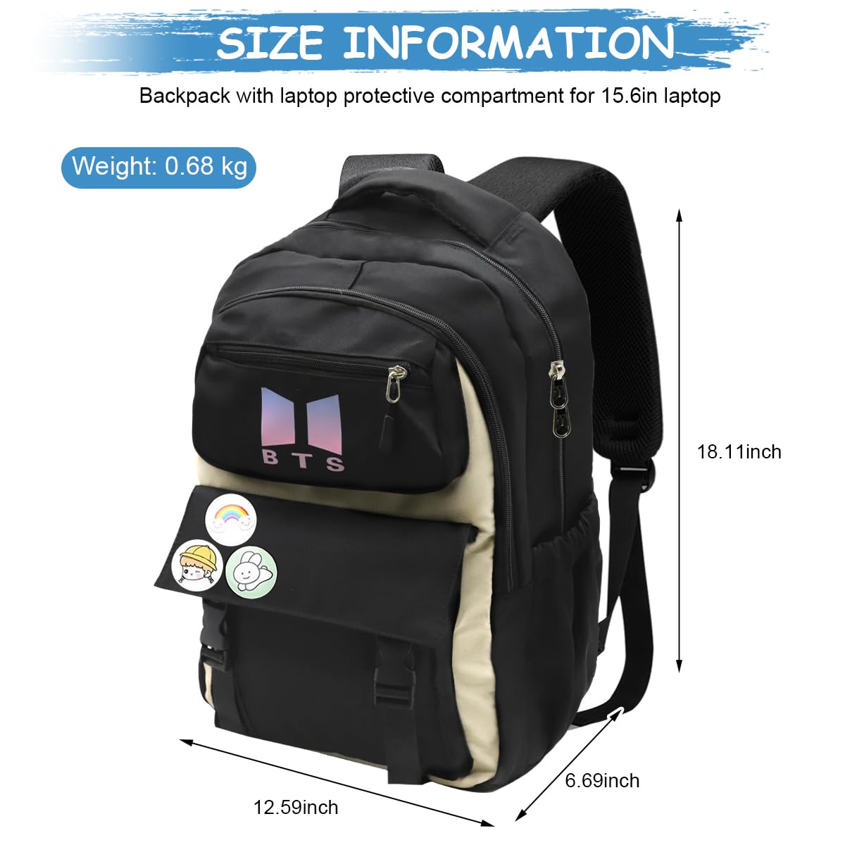 PALAY BTS School Backpack for Travel and Students featuring 15.6 in Laptop Fit | Black Oxford Design