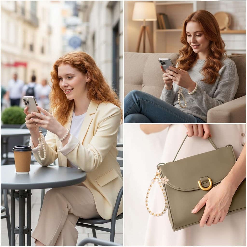 ZORBES Fashion Faux Pearl Phone Chain with Rhinestones and Golden Swivel Buckle for Women
