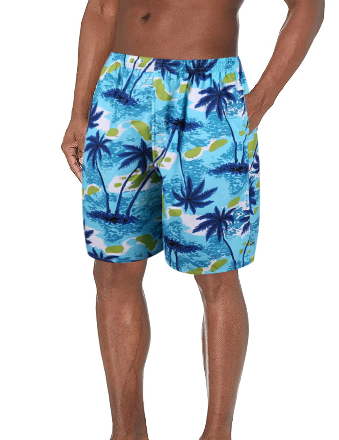 GUSTAVE® Swimming Trunk for Men, Coconut Tree Print Swim Trunks for Men, Quick Dry Board Beach Shorts Swimwear - Knee Length, Elastic Drawstring Closure (Size XXL, Suit for 65-75kg)