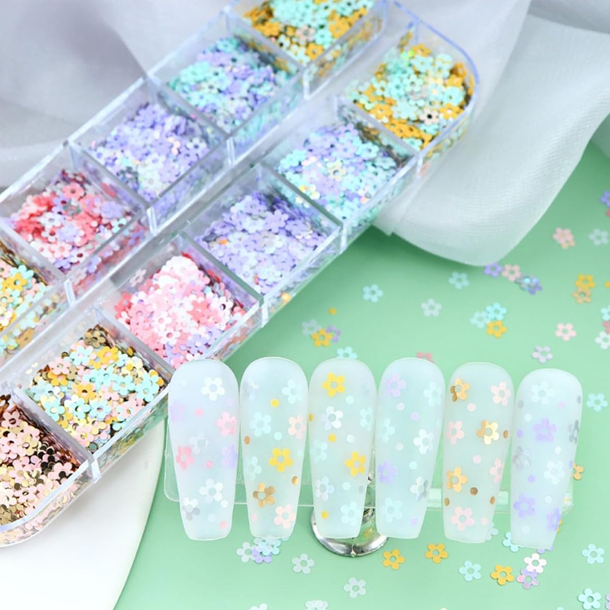 MAYCREATE Flower Nail Glitter Sequins for DIY Manicure with 12 Grids Mixed Colors | 3D Floral Nail Art Charms