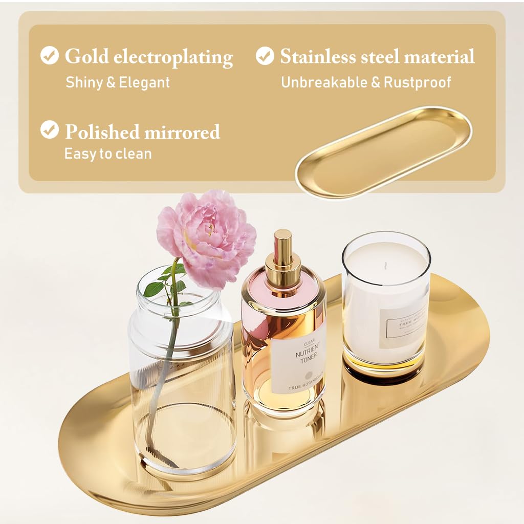 HASTHIP Golden Trays 4PCS for Bathroom Organizing with Stainless Steel Construction | Rust Resistant Finish