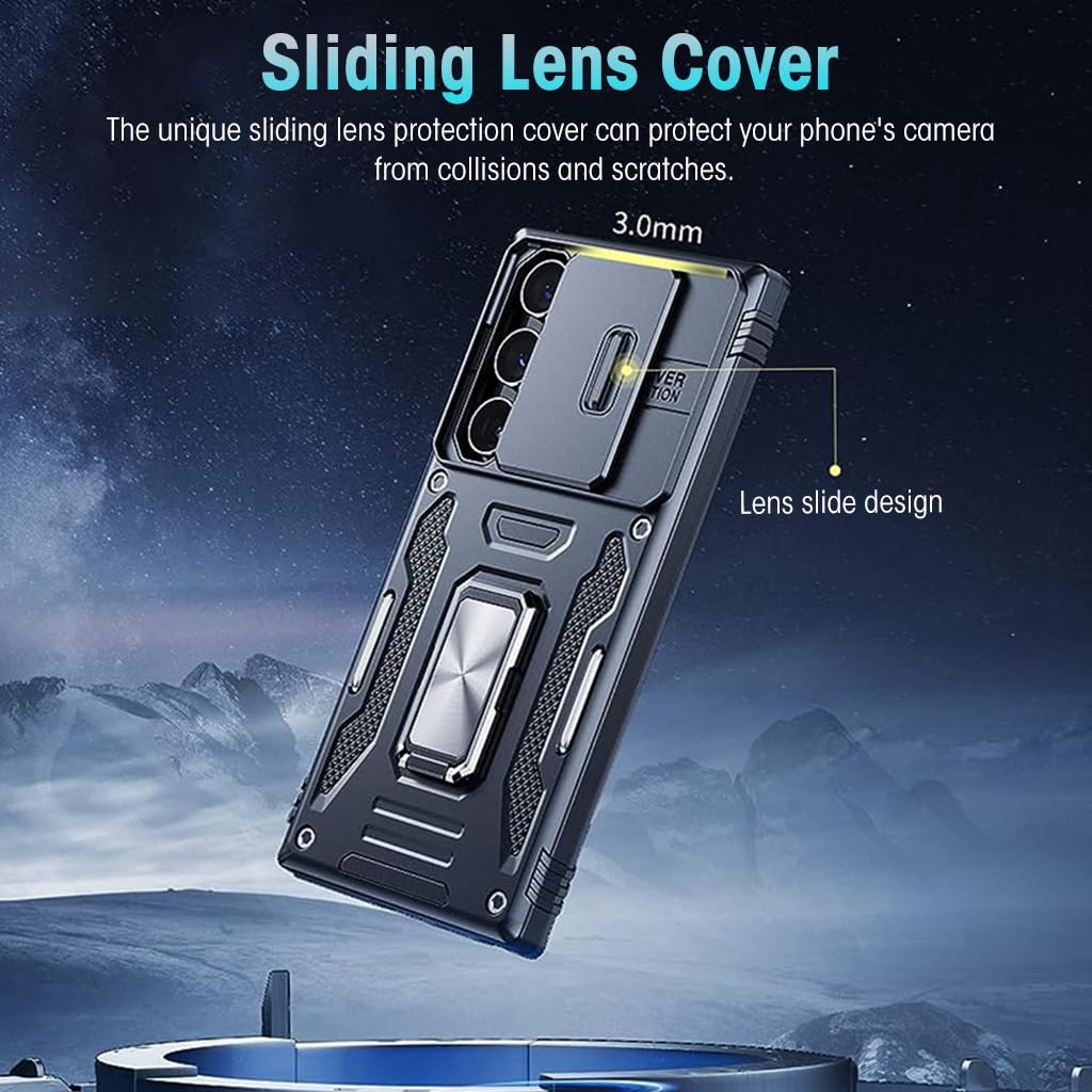 Zeitel Galaxy S23 Ultra Case with 360° Rotatable Ring Kickstand and Sliding Lens Cover | Black PC TPU Metal Protection