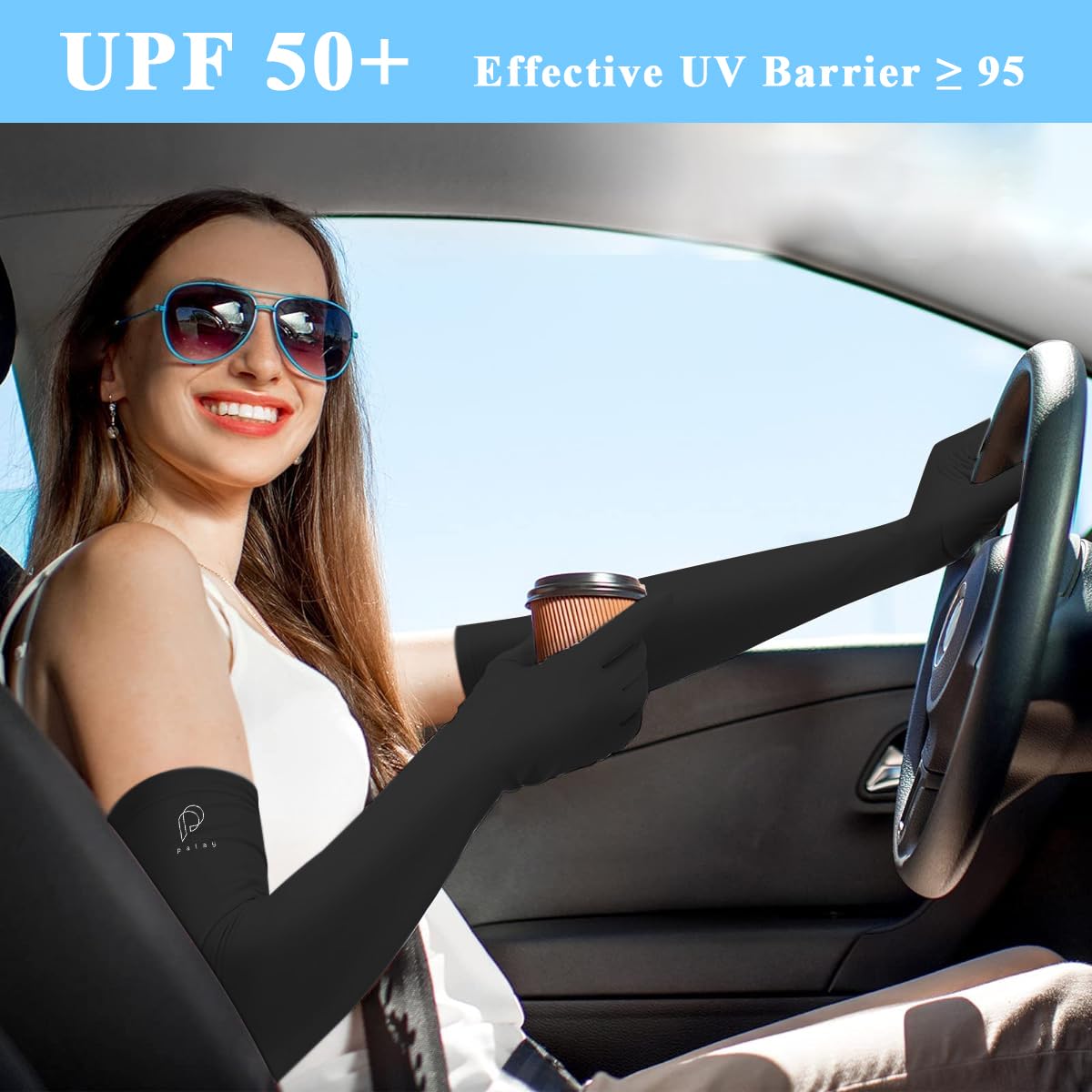 PALAY UV Protection Arm Sleeves for Driving and Cycling with Non Slip Palm & Touch Screen | 22.2 in Long Nylon Ice Silk Design for Women