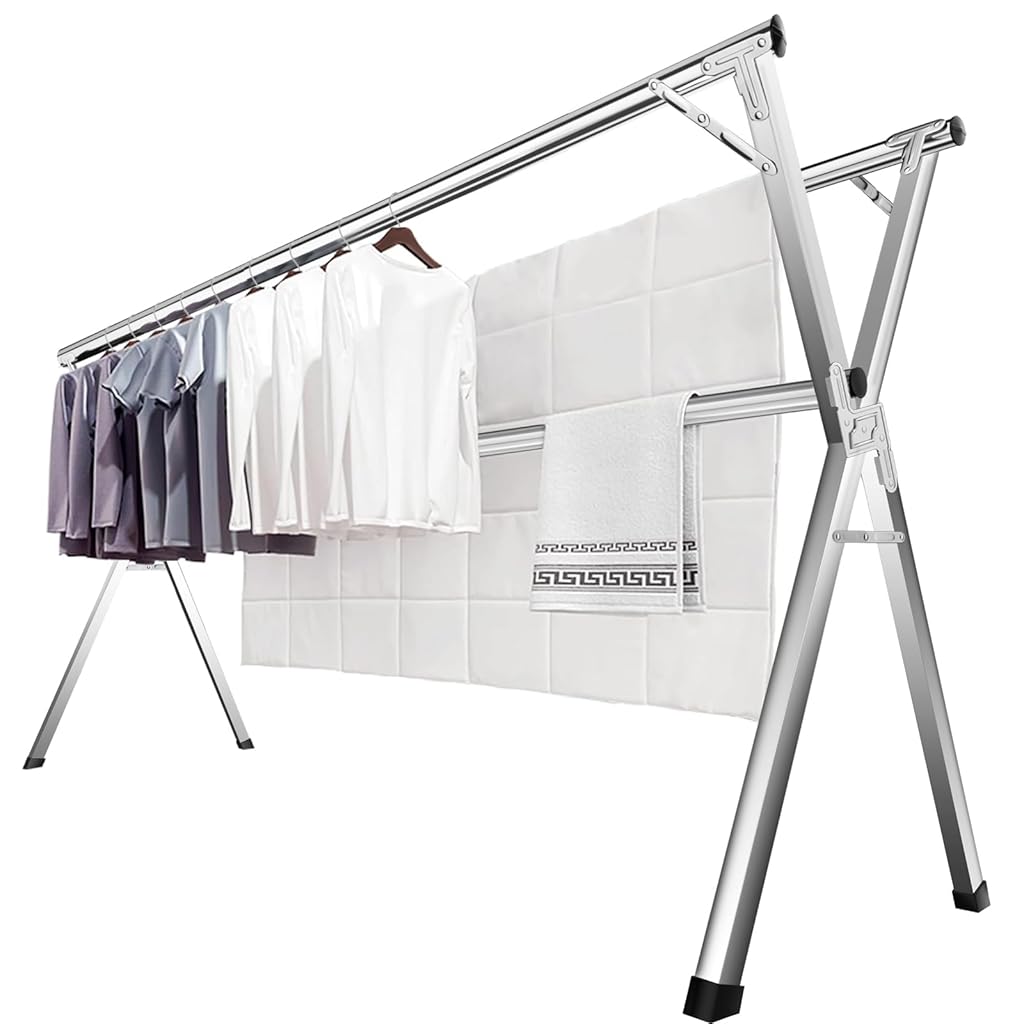 HASTHIP® Folding Cloth Drying Rack, 6.6ft Telescopic Stainless Steel Laundry Organizer with 20 Hooks, Space-Saving Double Layer Cloth Drying Rack for Indoor Outdoor Patio Balcony
