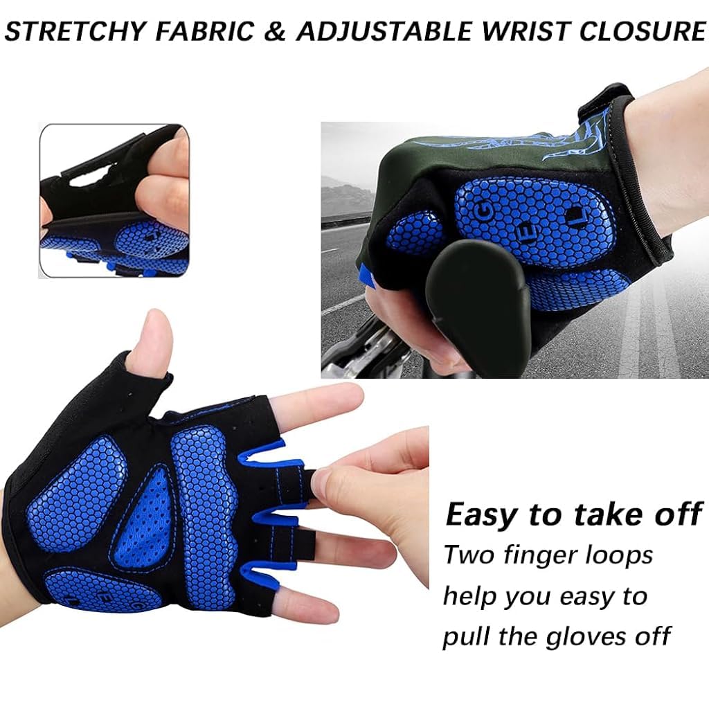 Proberos® Cycling Gloves with Cushion Gel Palm Pads Breathable Fingerless Anti-numbness Cycling Gloves Fashion Print Fingerless Gym Gloves for Cycling/Weight Lifting/Motorcycling, L, Blue