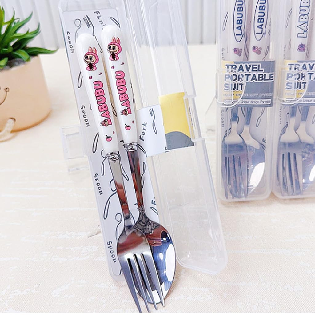 FANCYKU Cute Spoon and Fork Set for Kids Lunch Box with Storage Case | Easy to Clean 7.87 in
