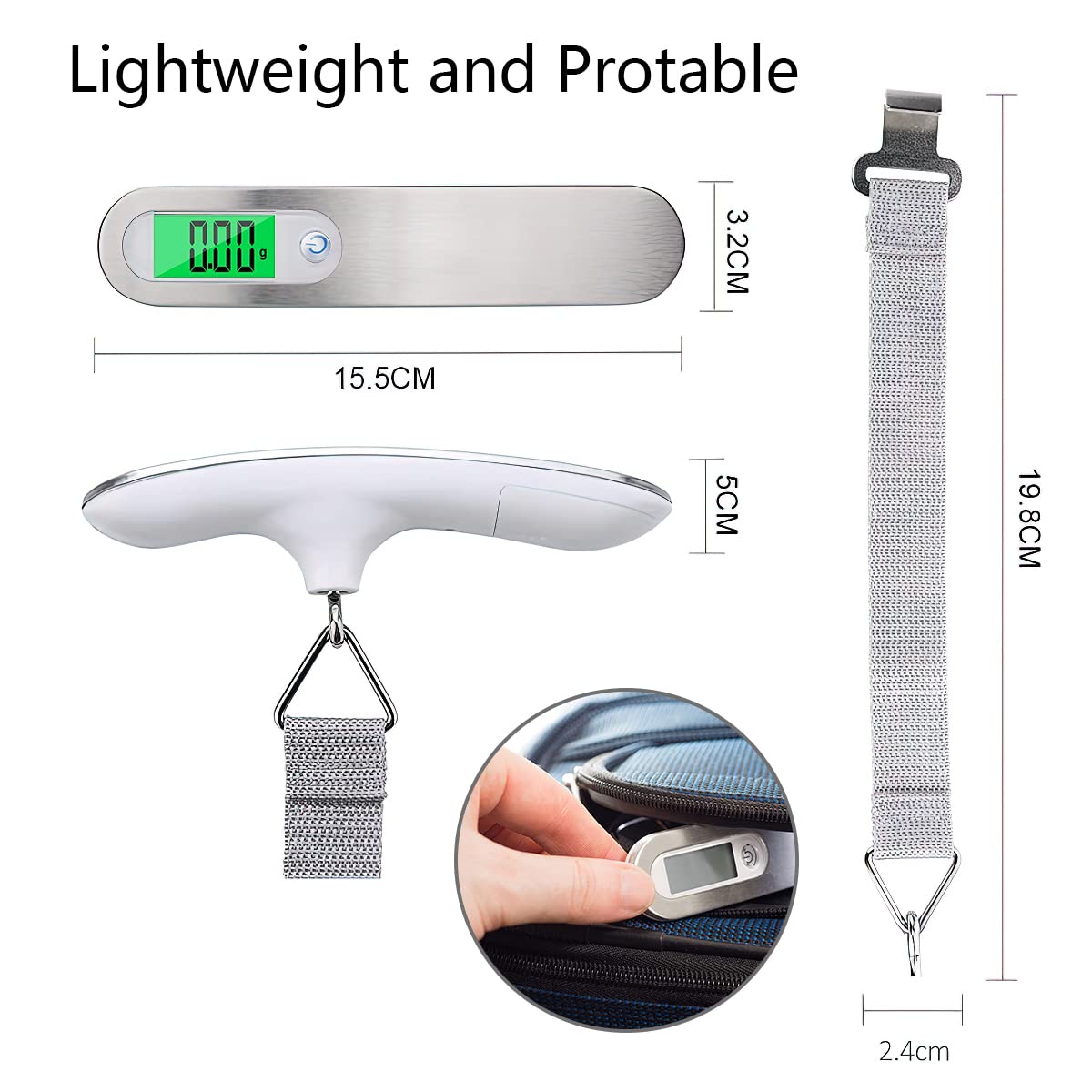 HASTHIP Stainless Steel Travel Scale Suitcase Scale with Strong Straps and Backlit, Luggage Weight Scale Portable, Digital Luggage Scales for Flights, Travel, Home (Load Capacity 50kg)