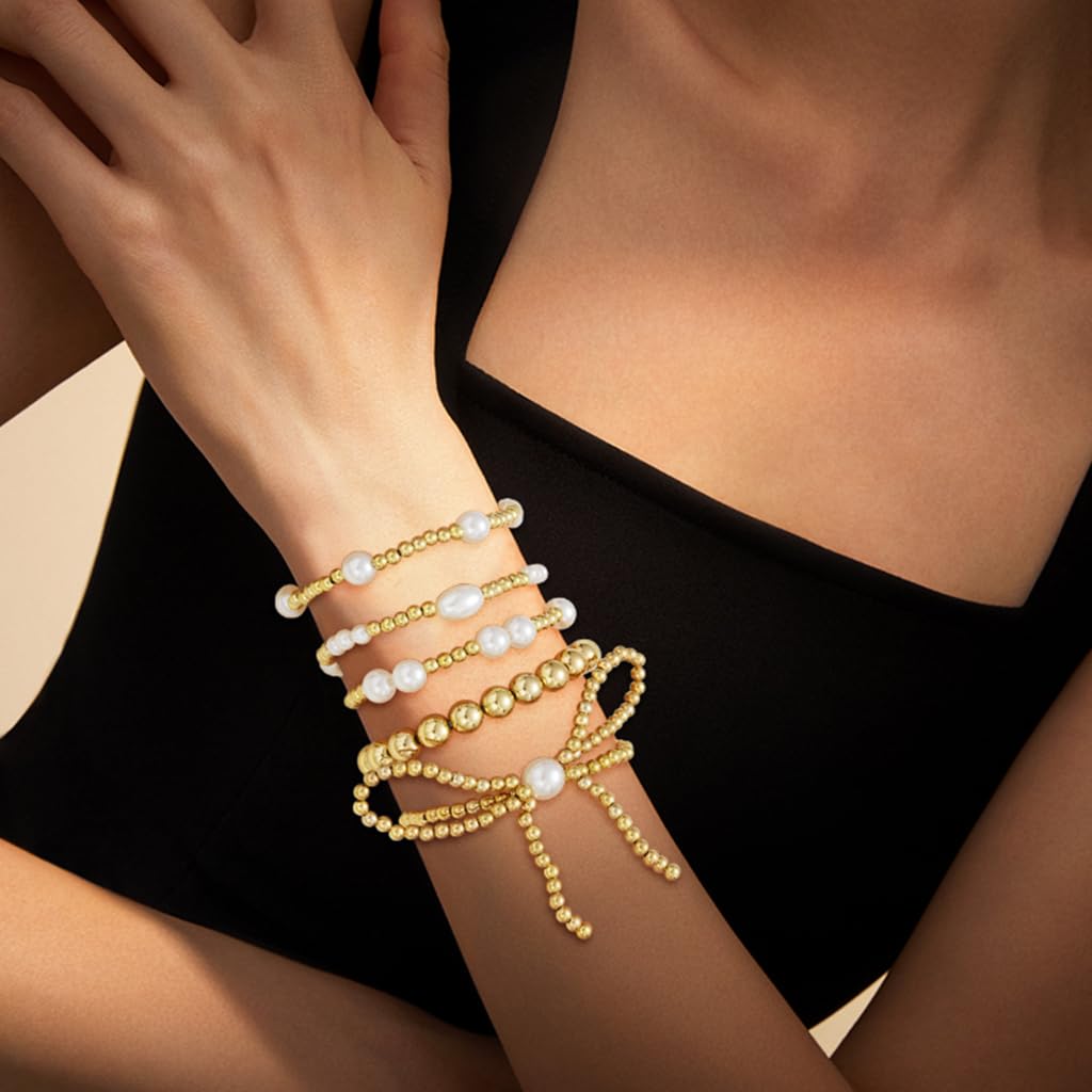 SANNIDHI Bracelet Set for Women with 5 Stackable Gold Beaded Bangles featuring Pearl and Bowknot Design