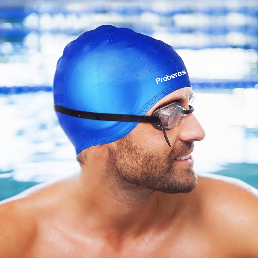 Proberos Swimming Cap for Training and Beach Use with Super Elastic Silicone Fit | Blue Unisex Design
