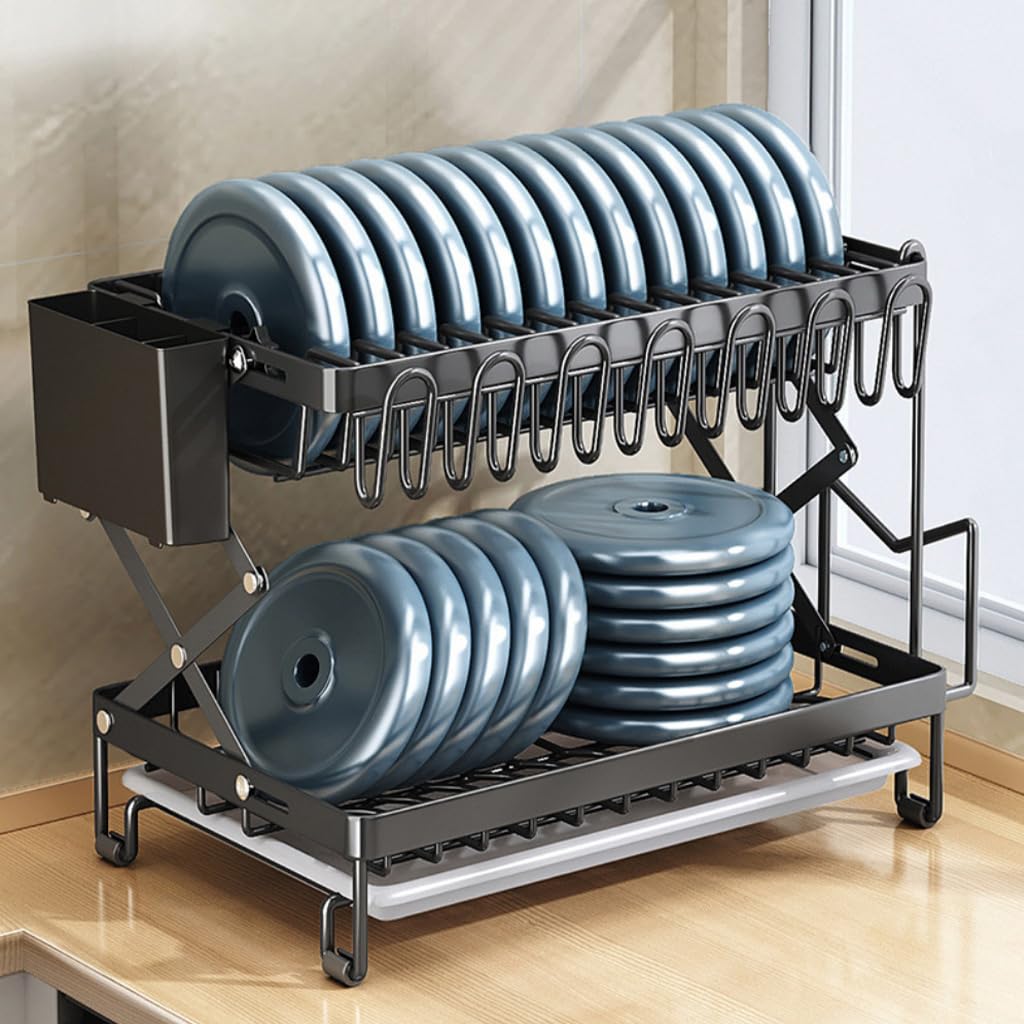 HASTHIP Kitchen Dish Rack with Double Layer Drain System and Utensil Storage | 40x28x31.5cm Carbon Steel