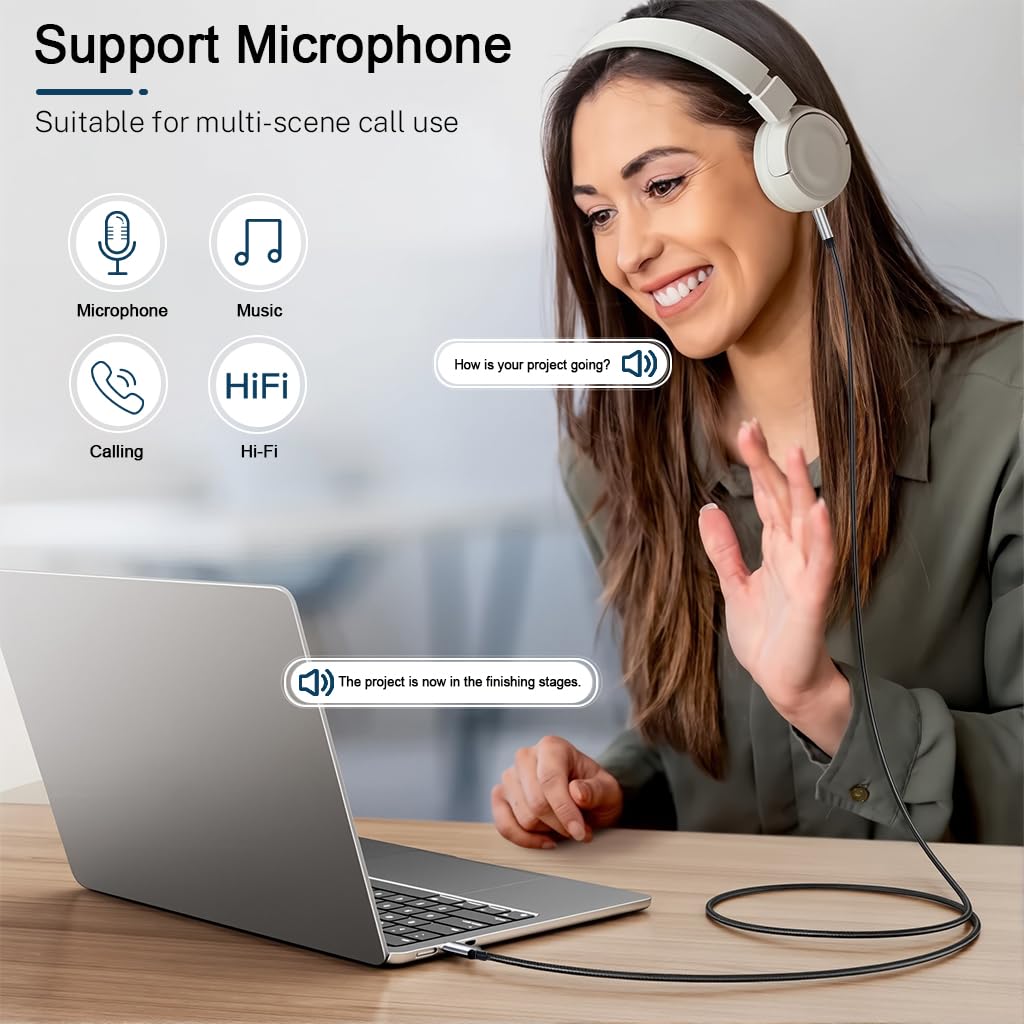 Verilux Type C to 3.5mm Audio Cable for Car and Headphones 6.6ft with DAC Chip | Nylon Braided