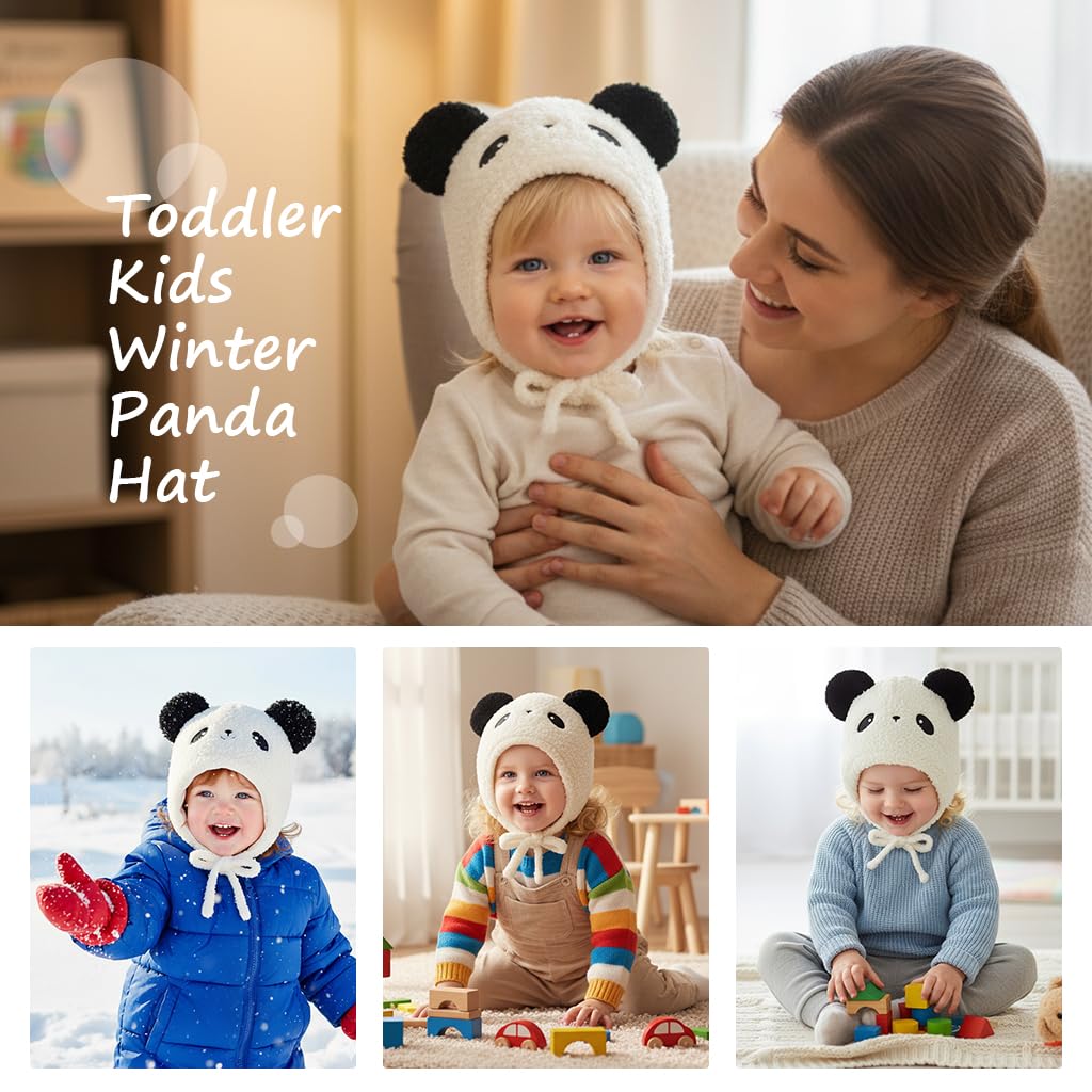 SNOWIE SOFT Panda Baby Winter Cap for 6–36 Months with Chin Strap and Plush Ears | Warm Knitted Beanie for Outdoor Use
