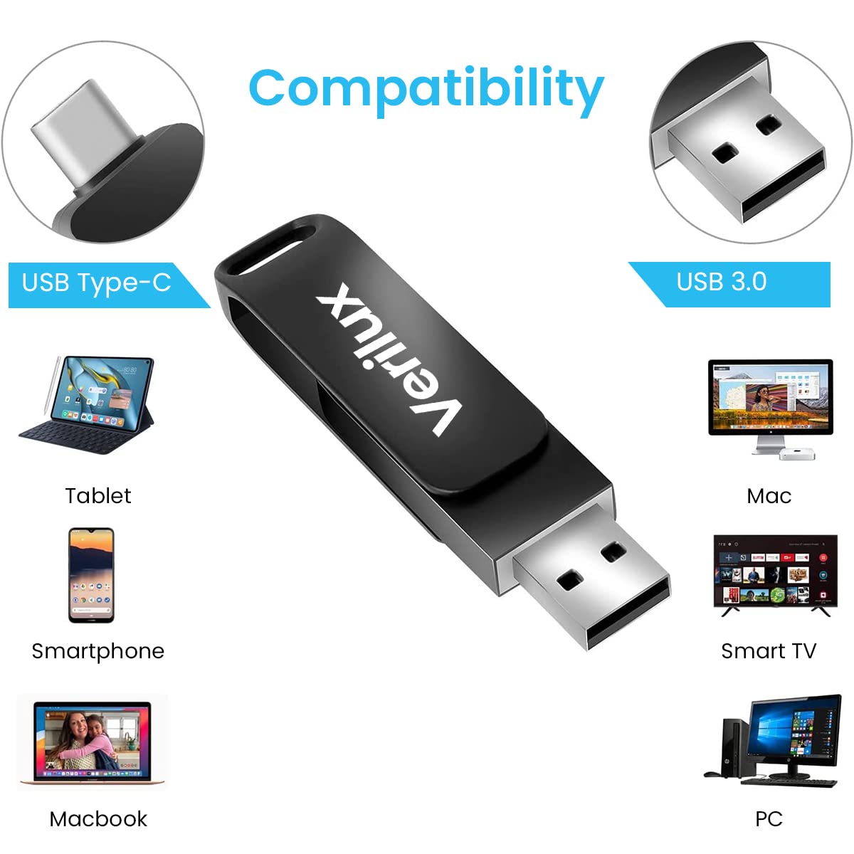 Verilux® Pendrive 64GB Dual Interface USB 3.0 & Type-C High-Speed Flash Drive - Portable & Sturdy Zinc Alloy Type C Pendrive for OTG Android, PC, Mac